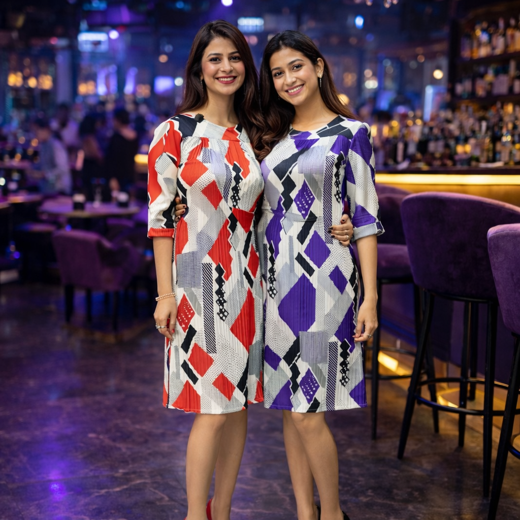 Abstract Print Pleated Knee-Length Dress