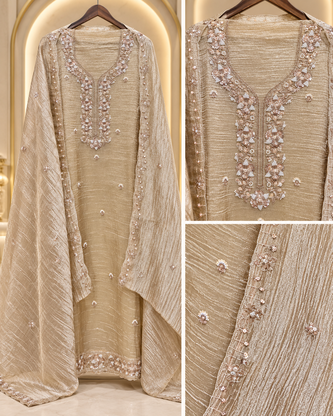 Unstitched Shimmer Tissue Suit Set with Cutdana &amp; Sequin Embellishment