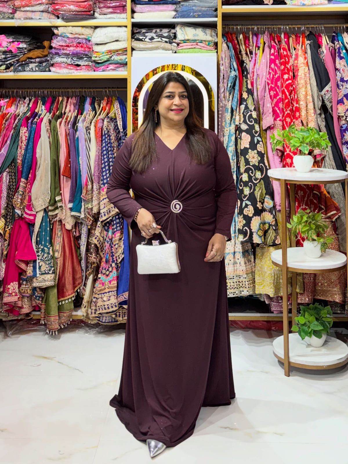 Ruched Waist Floor-Length Dress with Statement Buckle