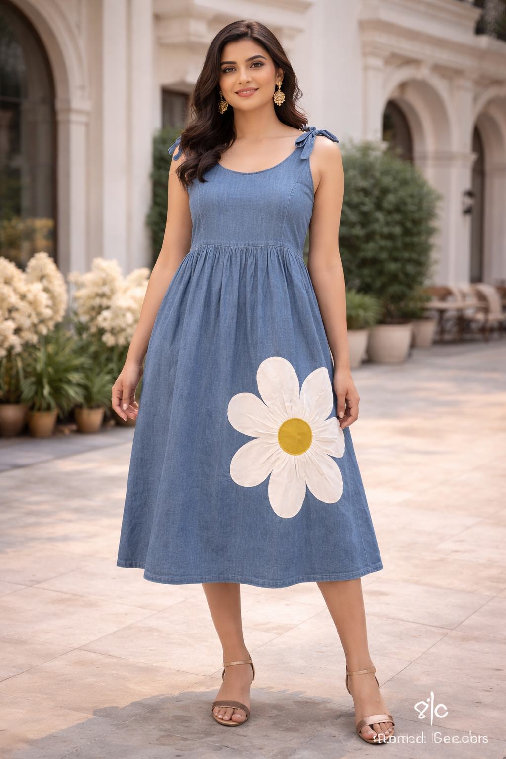 Denim Daisy Appliqué Midi Dress with Tie-Up Straps