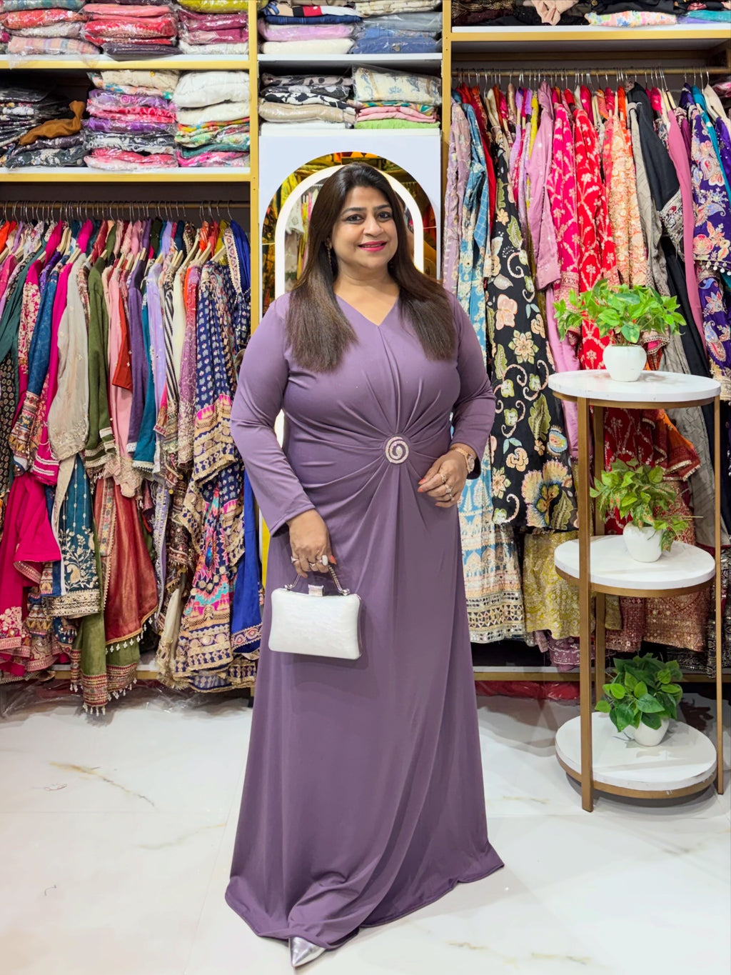 Ruched Waist Floor-Length Dress with Statement Buckle