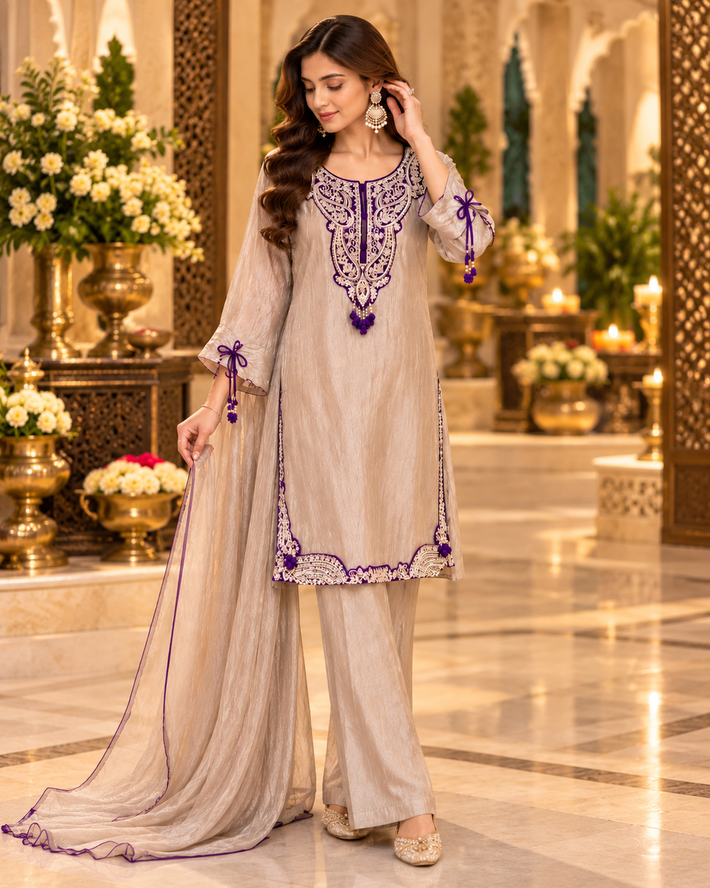 Shimmer Tissue 3-Piece Suit Set with Sculpted Neckline & Tie-Sleeve Detailing