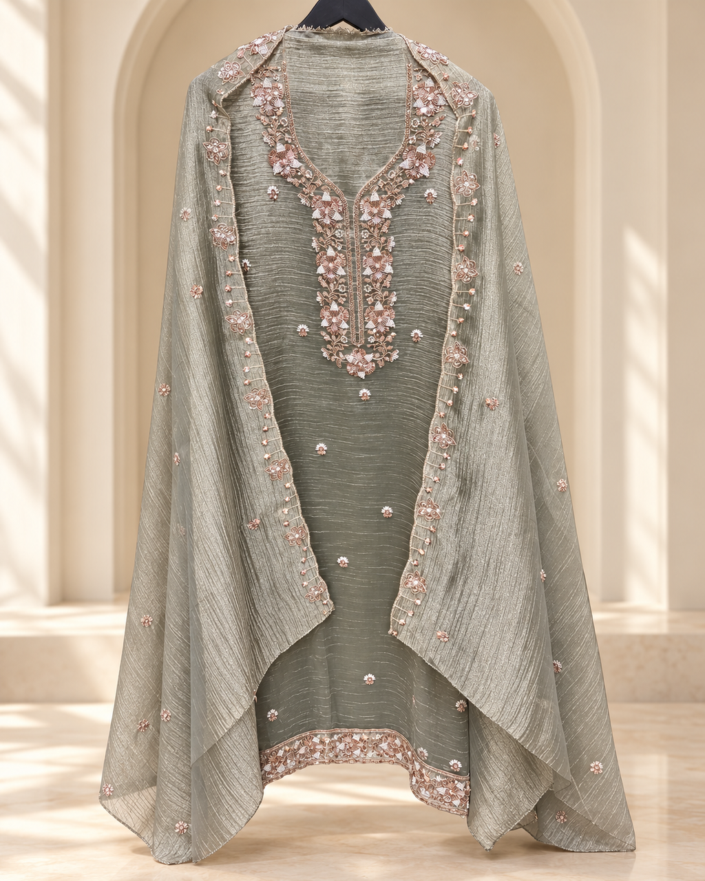 Unstitched Shimmer Tissue Suit Set with Cutdana &amp; Sequin Embellishment