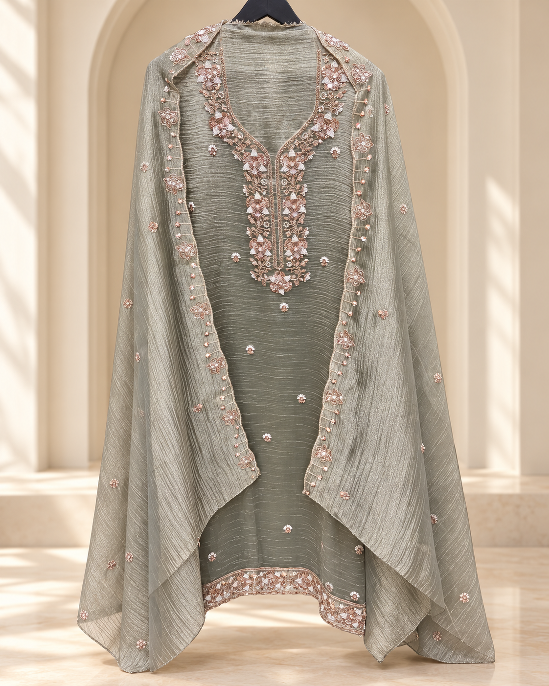 Unstitched Shimmer Tissue Suit Set with Cutdana &amp; Sequin Embellishment
