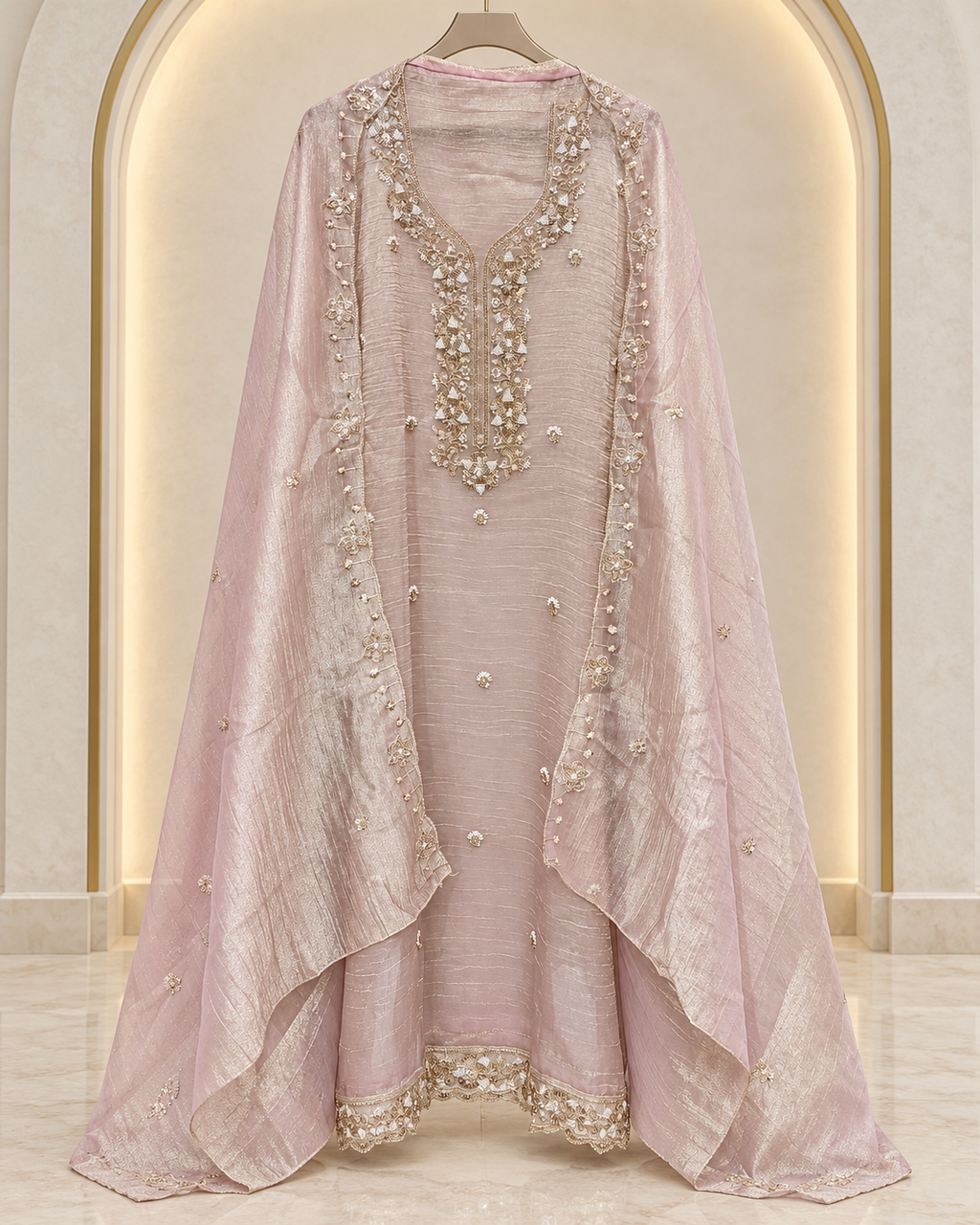 Unstitched Shimmer Tissue Suit Set with Cutdana &amp; Sequin Embellishment