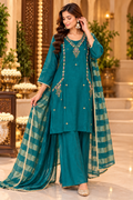 Vichitra Silk 3-Piece Suit Set with Floral Emrbroidery & Striped Dupatta