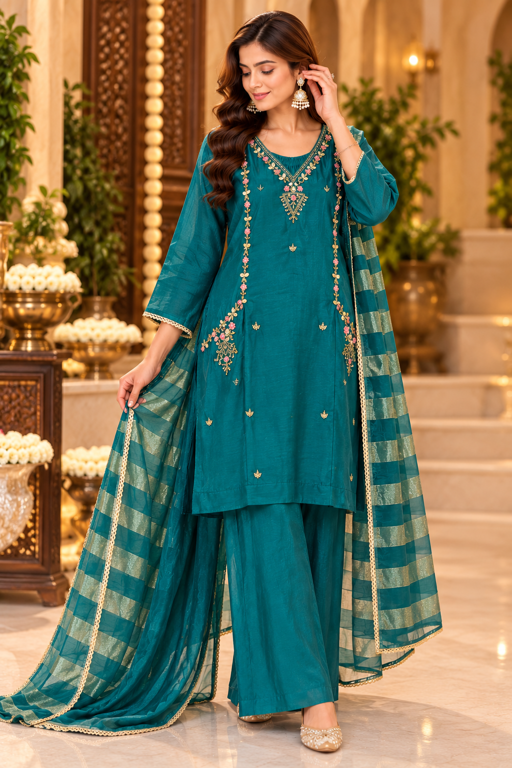 Vichitra Silk 3-Piece Suit Set with Floral Emrbroidery & Striped Dupatta