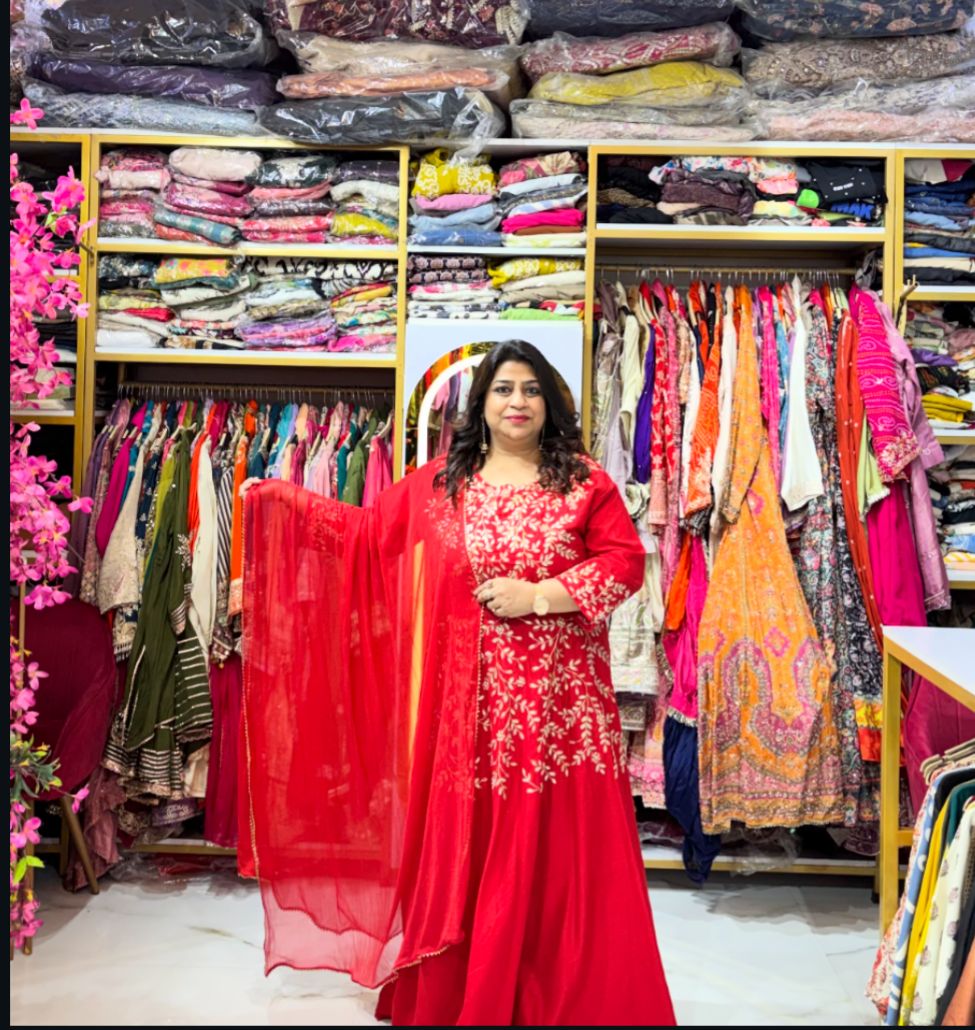 Raw Silk Gota Patti Gown with Chiffon Duppata