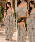 Shimmer Tissue Cowl Skirt Set with Adorned Blouse & Dupatta
