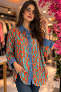 Printed Georgette Shirt with Denim Collar Cuffs
