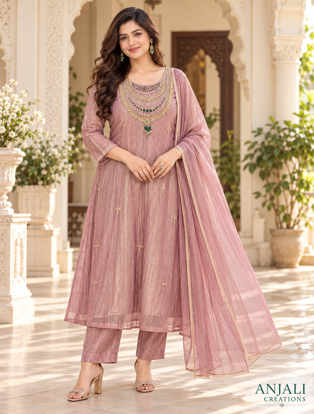 Crushed Tissue 3-Piece Suit Set with Jewel Neck Detailing