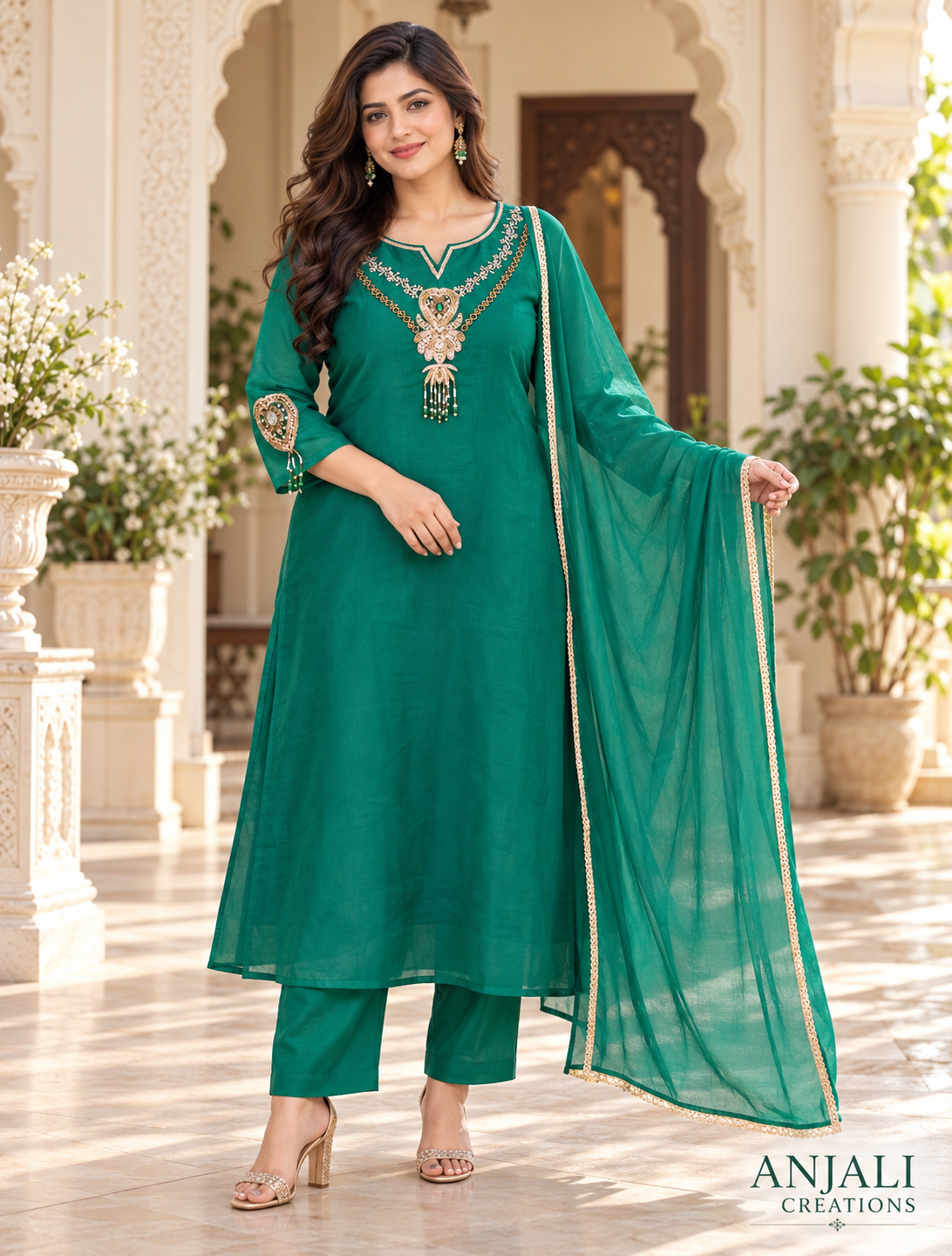 Morpankhi Green 3-Piece Suit Set with Ornate Neckline Work