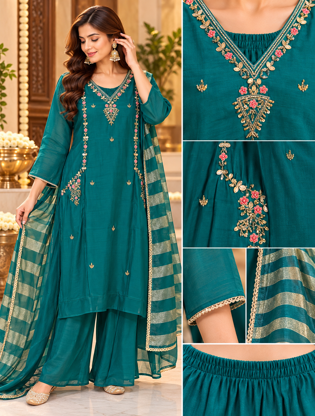 Vichitra Silk 3-Piece Suit Set with Floral Emrbroidery & Striped Dupatta
