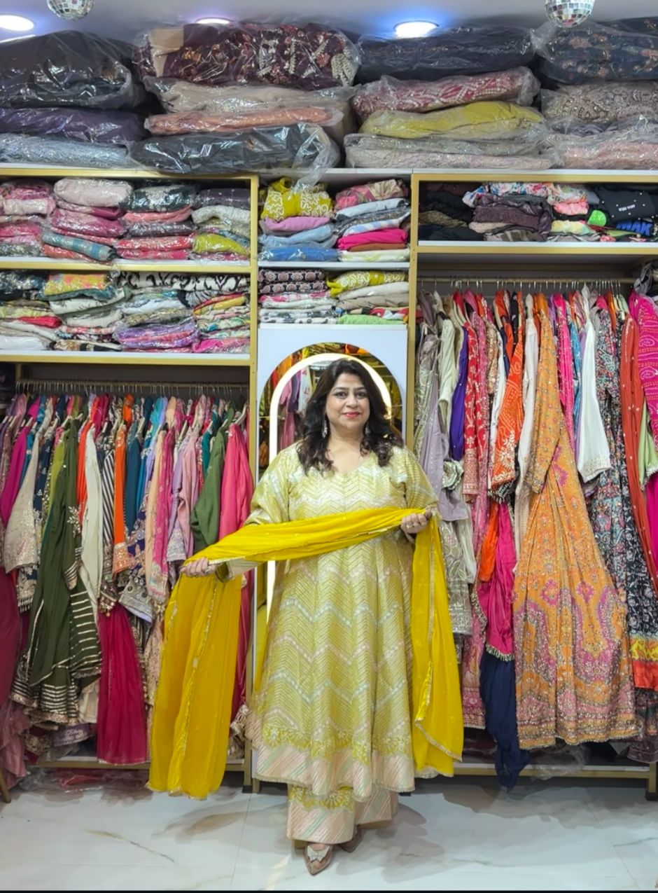 Yellow Gota Lacework Anarkali Set with Straight Pants