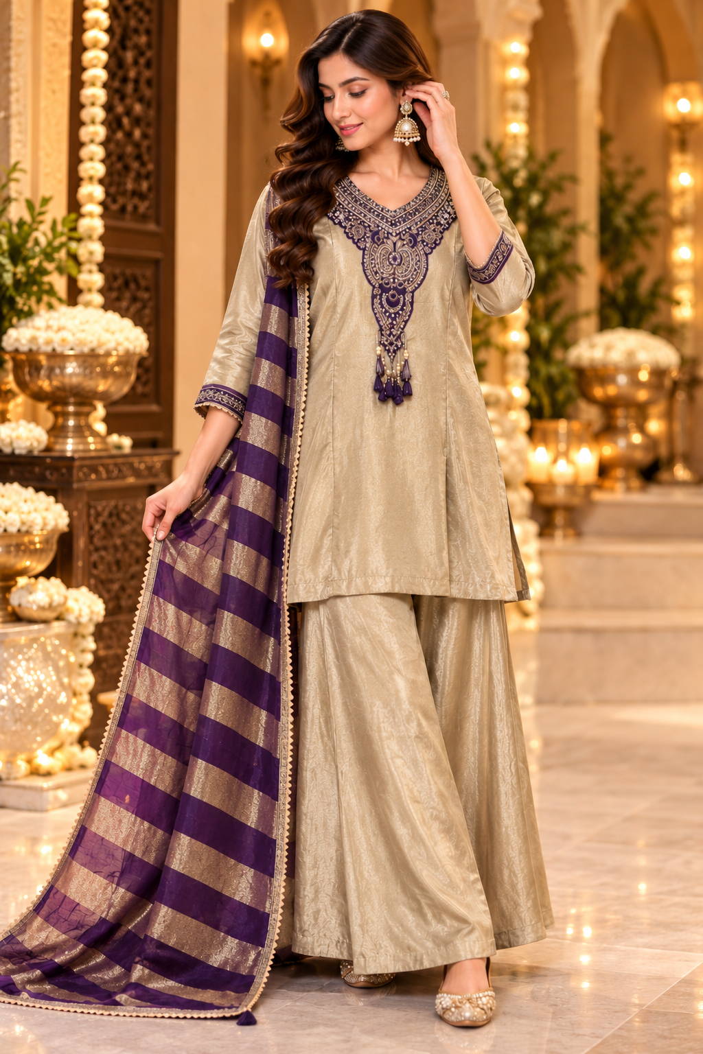 Straight Kurta Set with Statement Neck Work & Border-Detailed Sleeves