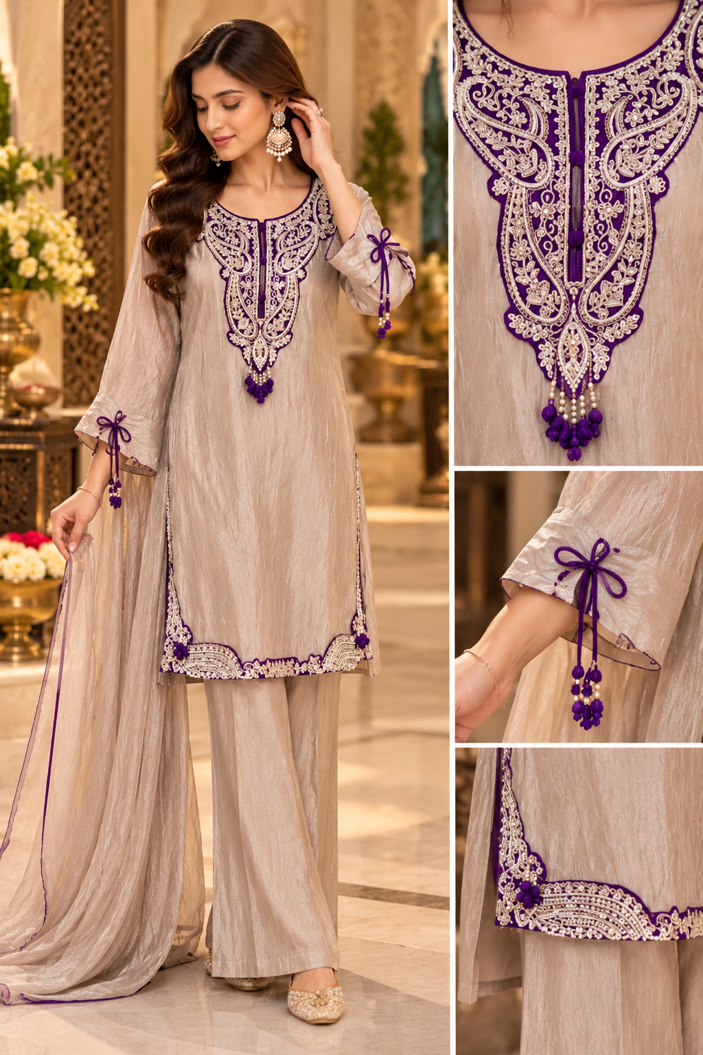 Shimmer Tissue 3-Piece Suit Set with Sculpted Neckline & Tie-Sleeve Detailing