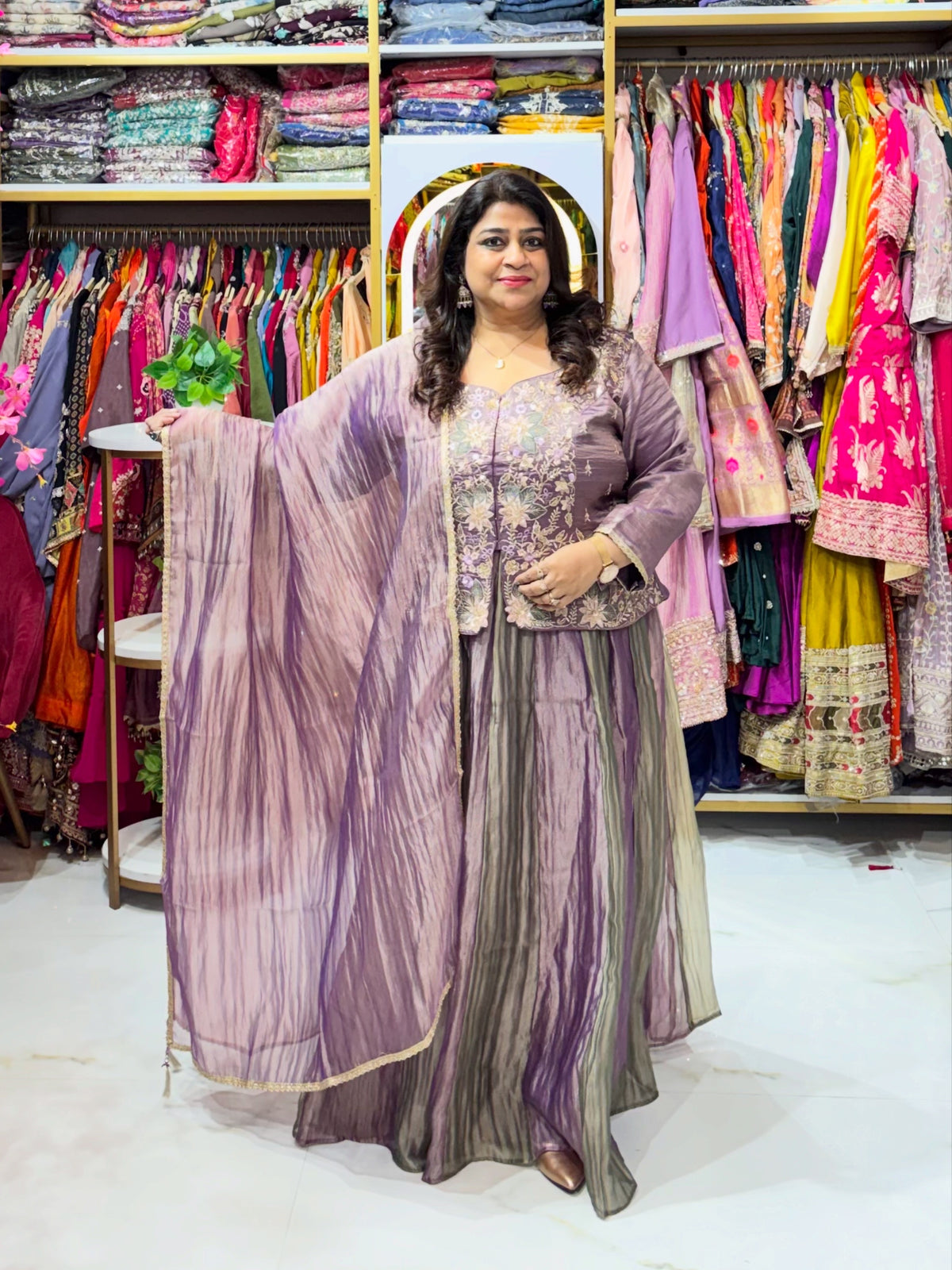 Crushed Tissue Skirt Set with Crop Top & Dupatta