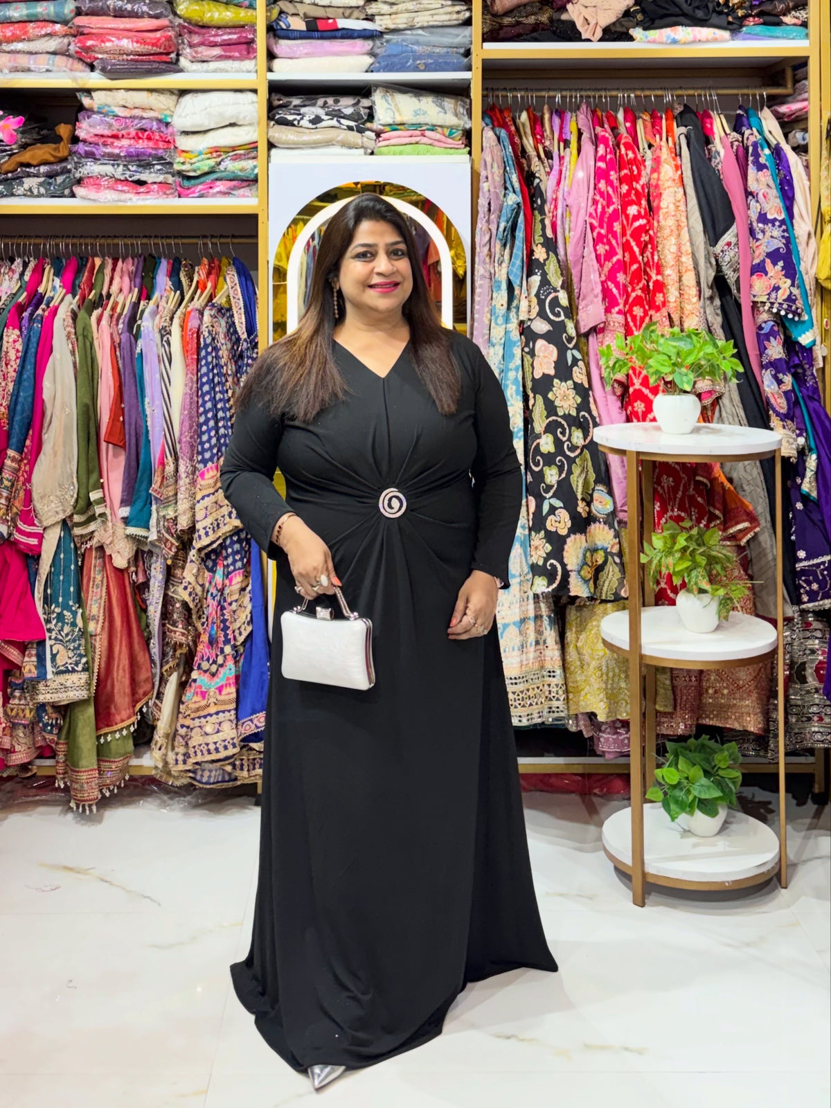 Ruched Waist Floor-Length Dress with Statement Buckle