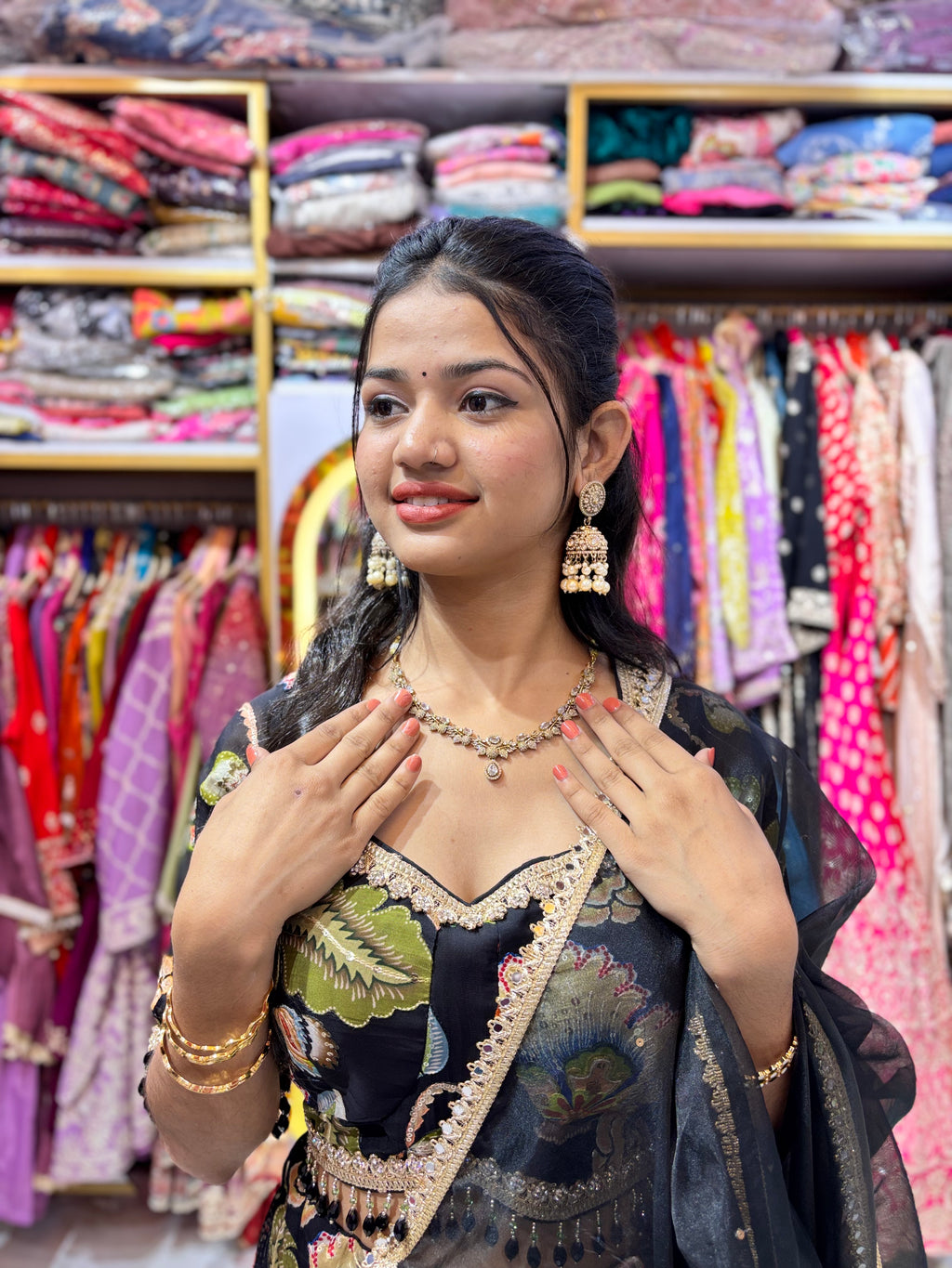 Floral Organza 3-Piece Lehenga Set with Embellished Blouse & Dupatta