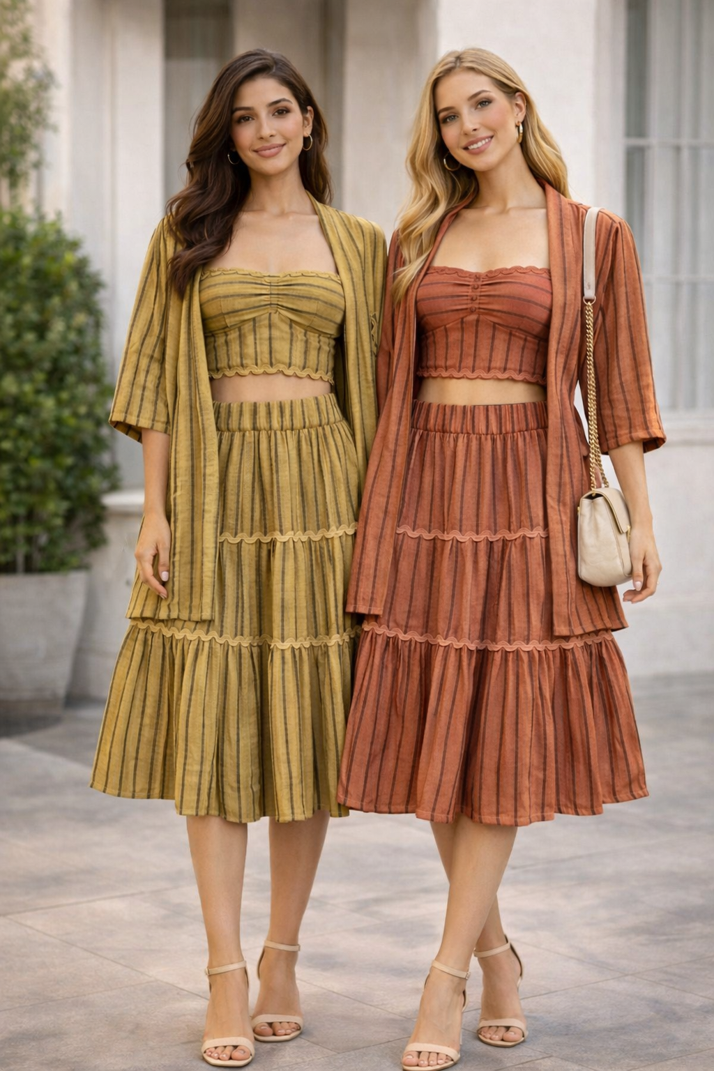 Striped 3-Piece Bustier Skirt Set with Shrug