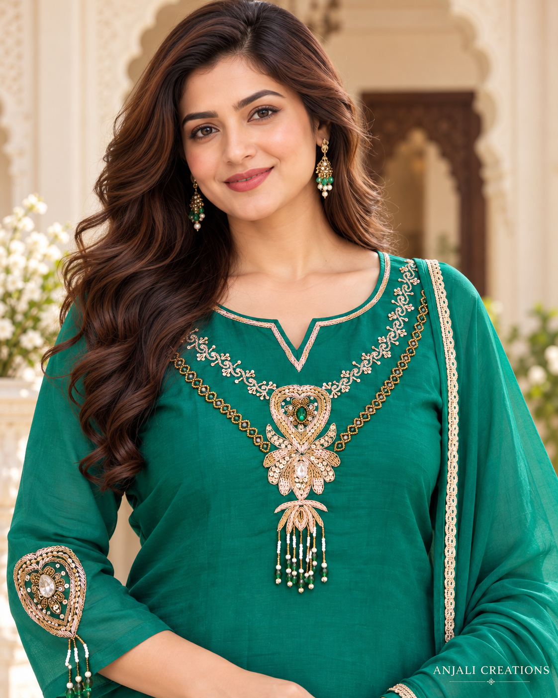 Morpankhi Green 3-Piece Suit Set with Ornate Neckline Work