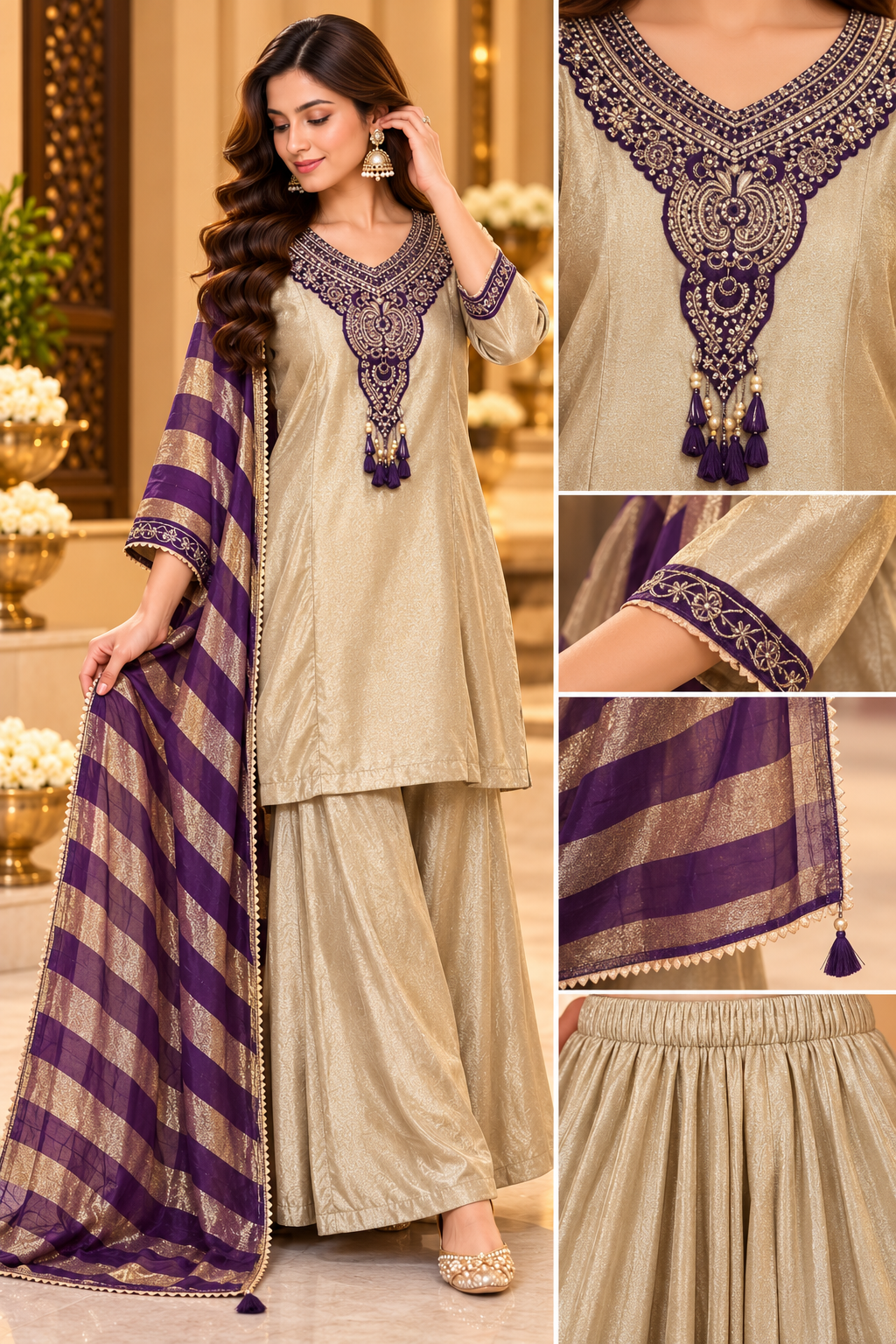 Straight Kurta Set with Statement Neck Work & Border-Detailed Sleeves
