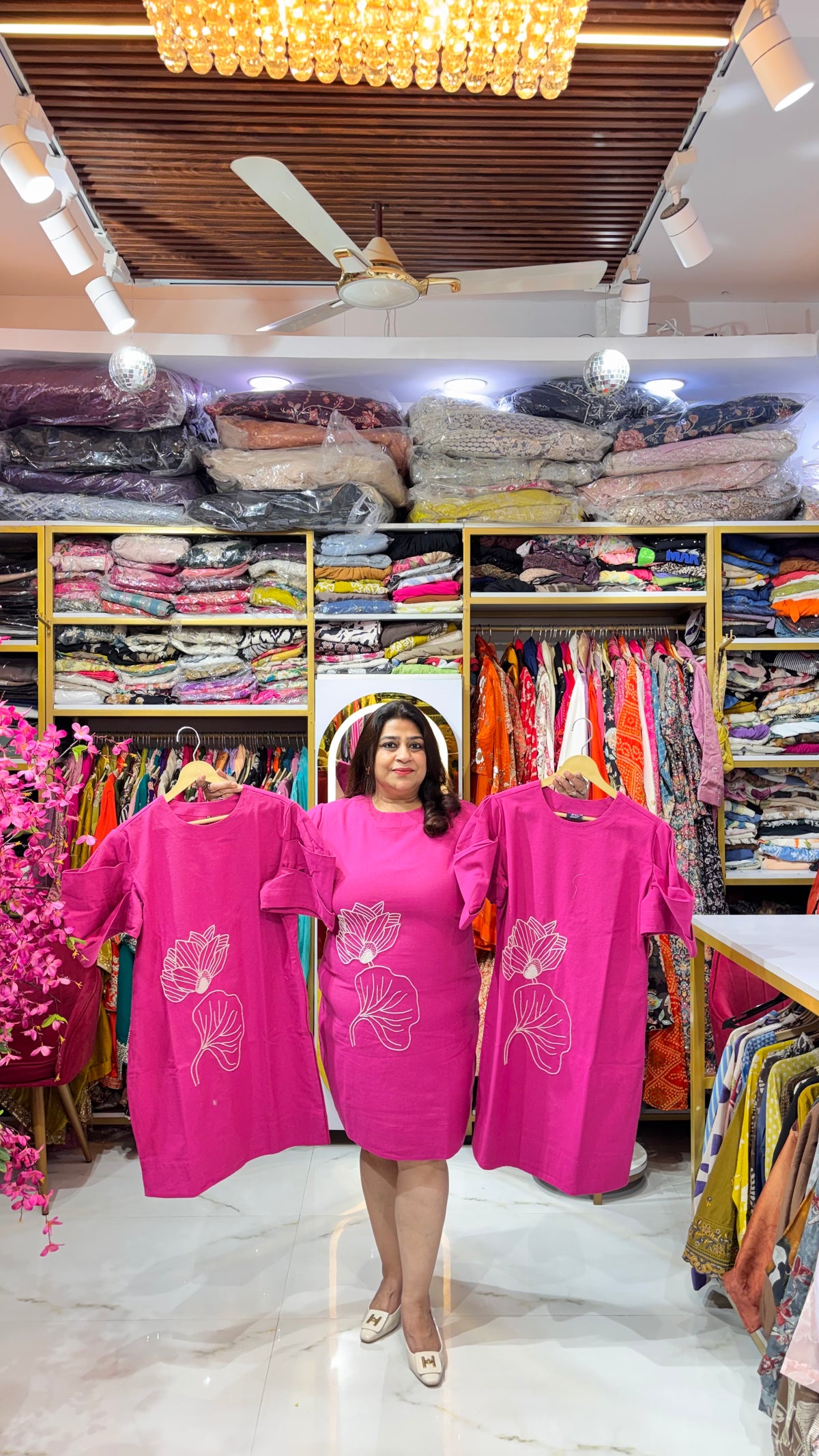 Fine Cotton Shift Dress with Floral Thread Embroidery