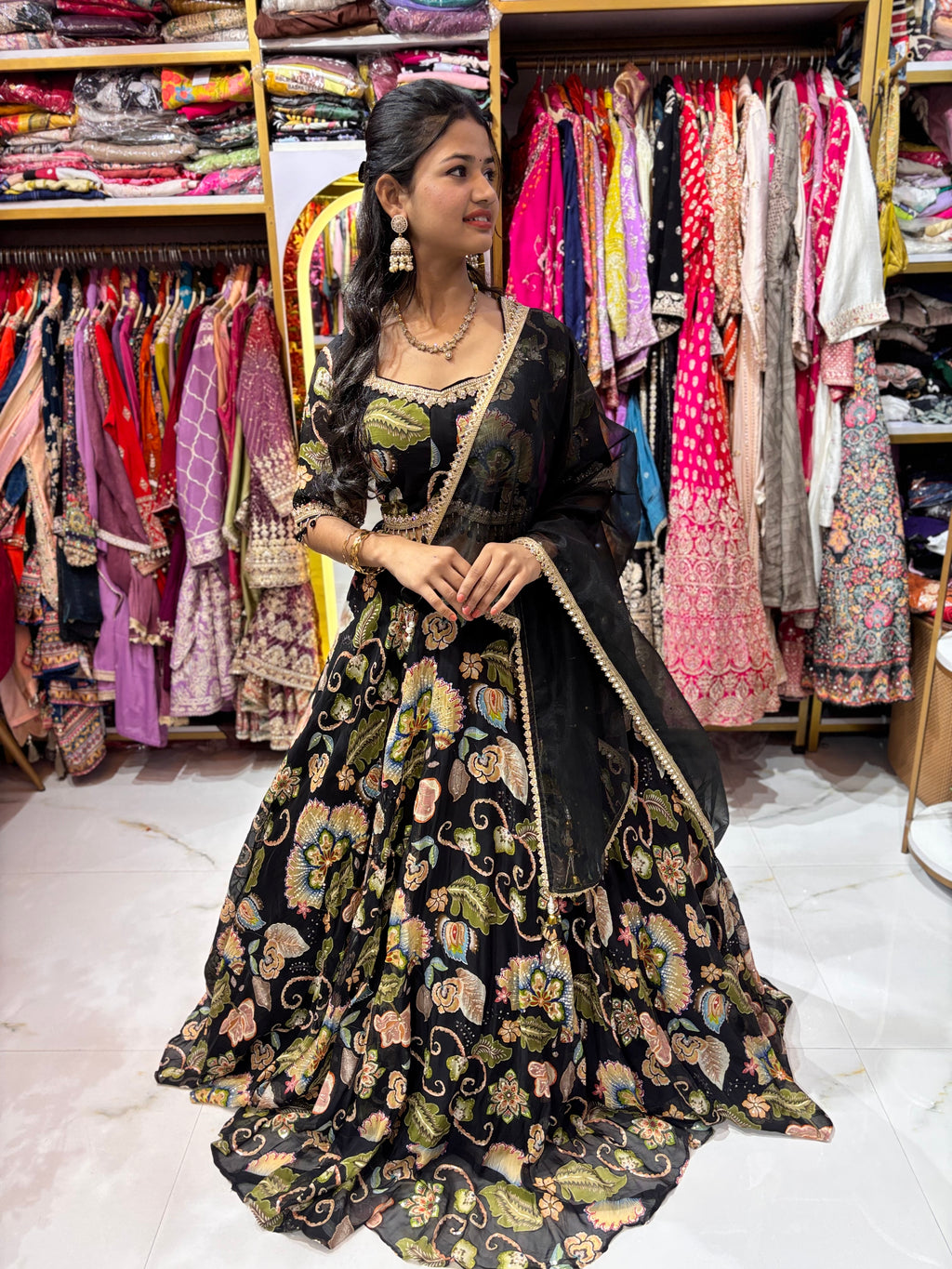 Floral Organza 3-Piece Lehenga Set with Embellished Blouse & Dupatta