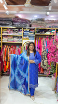 Blue Mirrorwork Badhani Print Muslin Suit w/ Lace Chinnon Dupatta