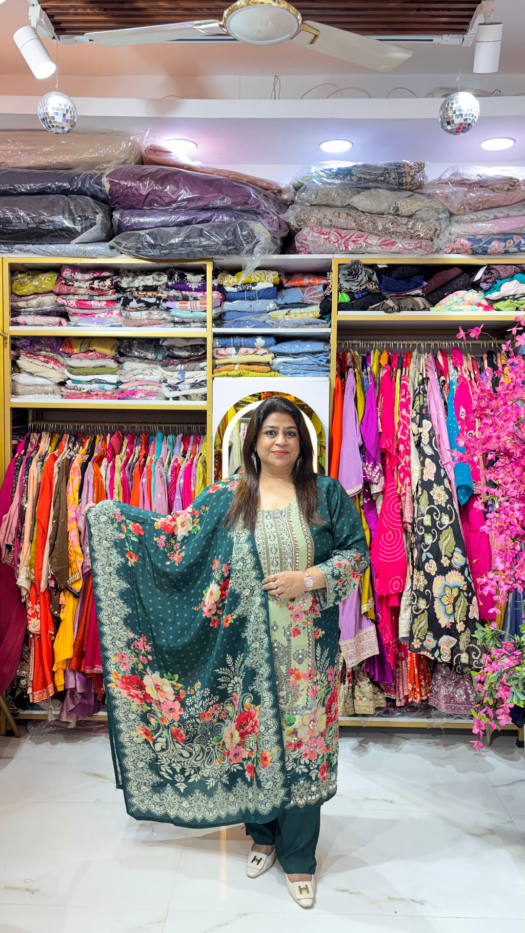 Crepe Digital Print Suit with Mirrorwork