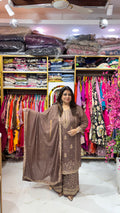 Brown Georgette Pallazo Set with Golden Thread Embroidery