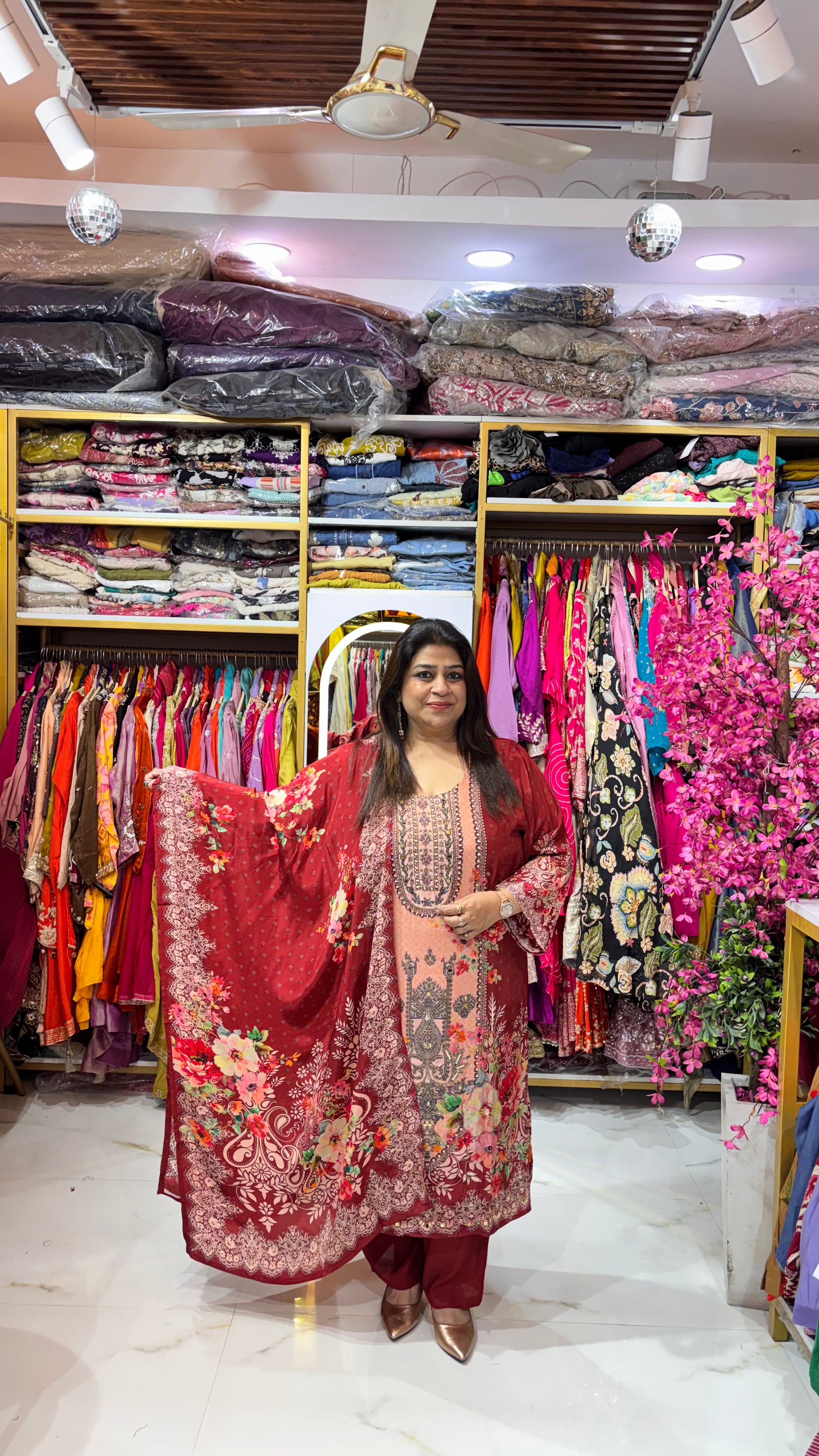 Crepe Digital Print Suit with Mirrorwork