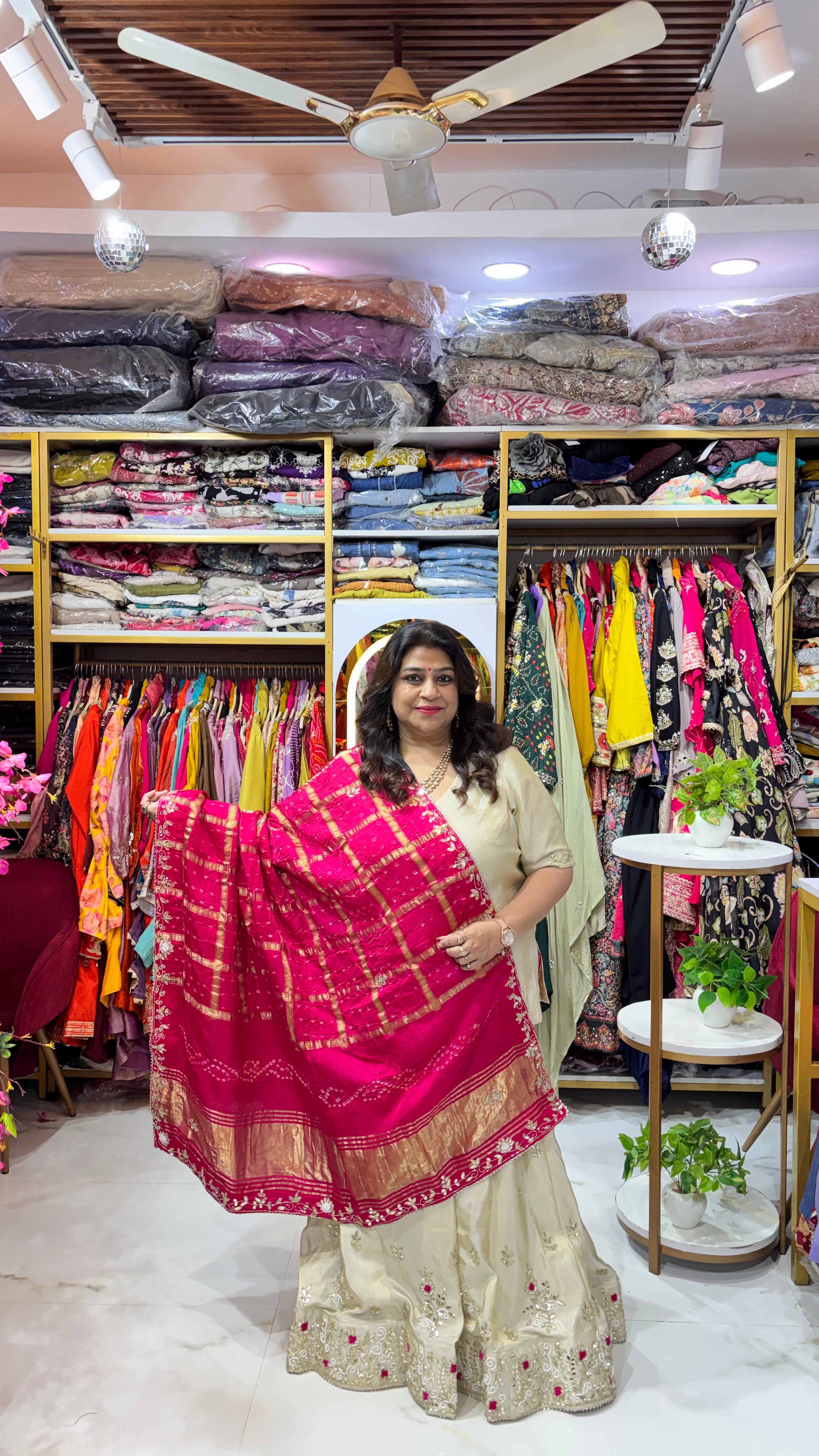 Tissue Embroidered Gota Patti Lehenga Set with Pink Bandhani Dupatta