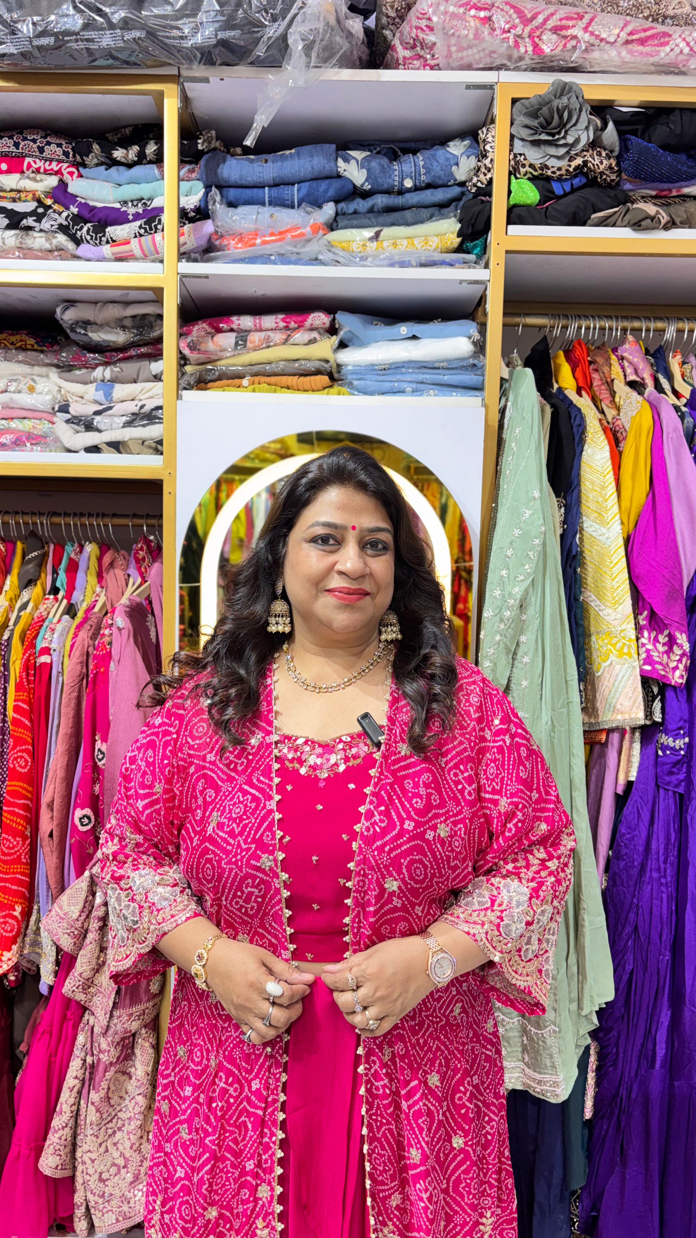 Fuchsia Chinnon Bandhani 3-Piece Skirt Set with Hand & Pearl Work