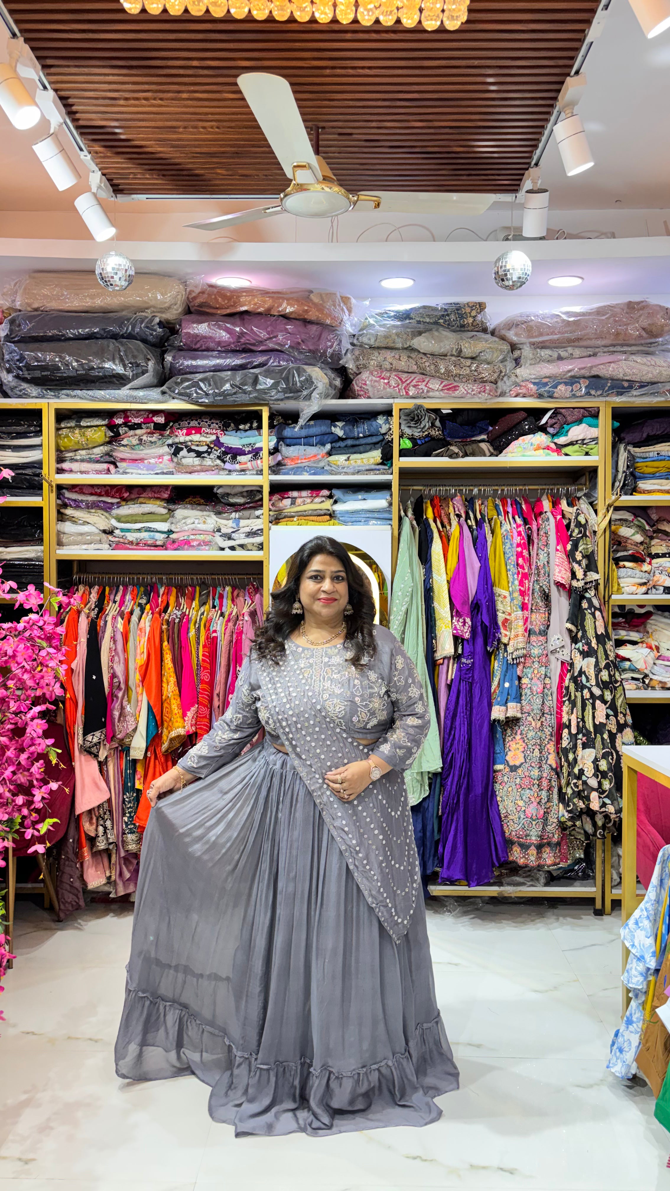 Indo-Western Draped Skirt Set with Heavy Pearl Work