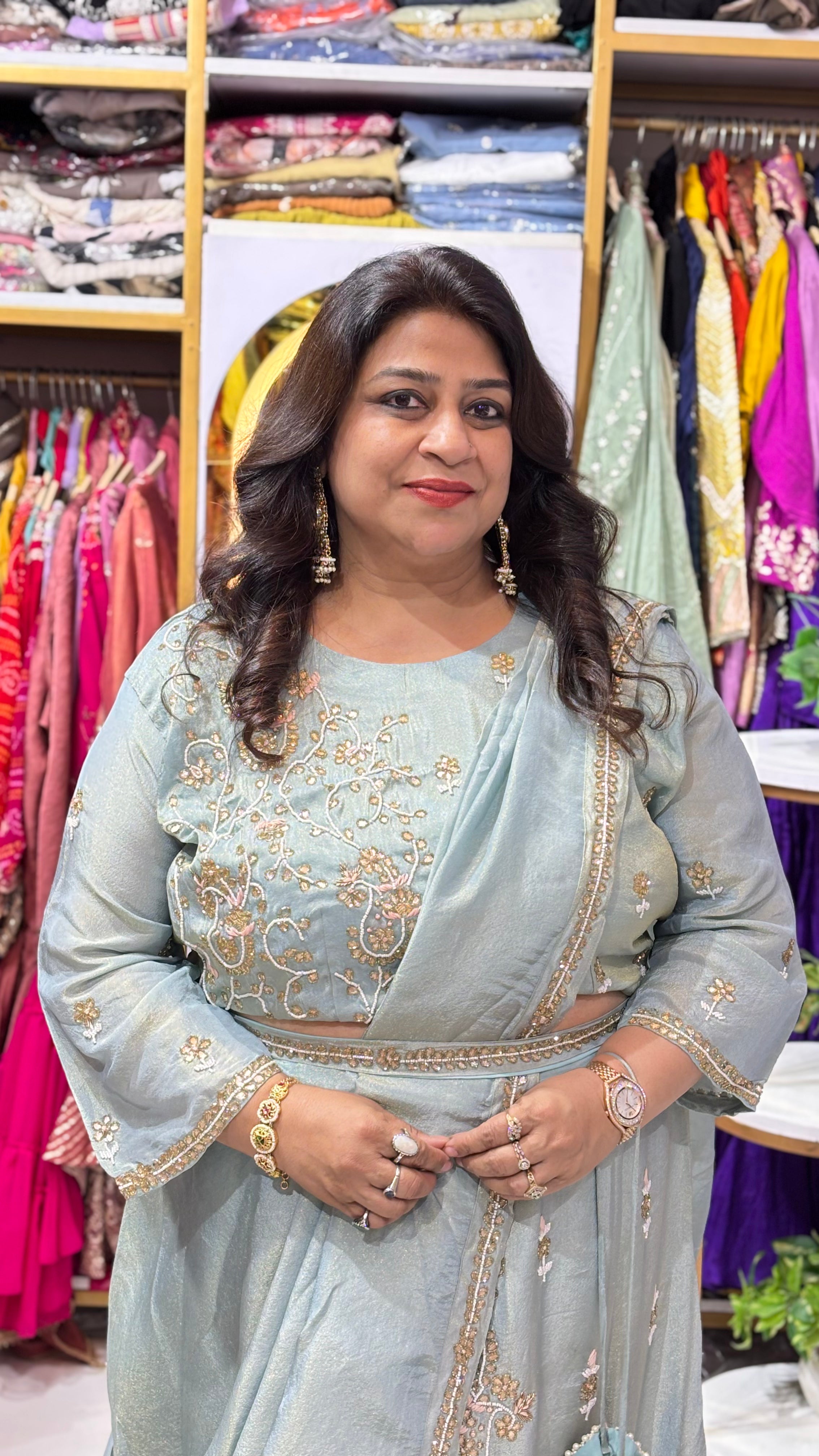 Shimmer Tissue Gota Patti Drape Set with Belt & Potli