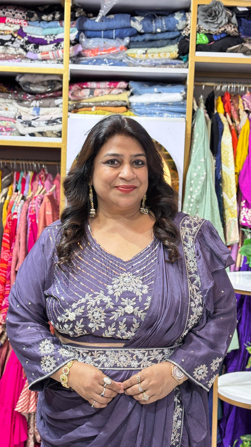 Chinnon 2-Piece Draped Set with Frill & Pearl Work