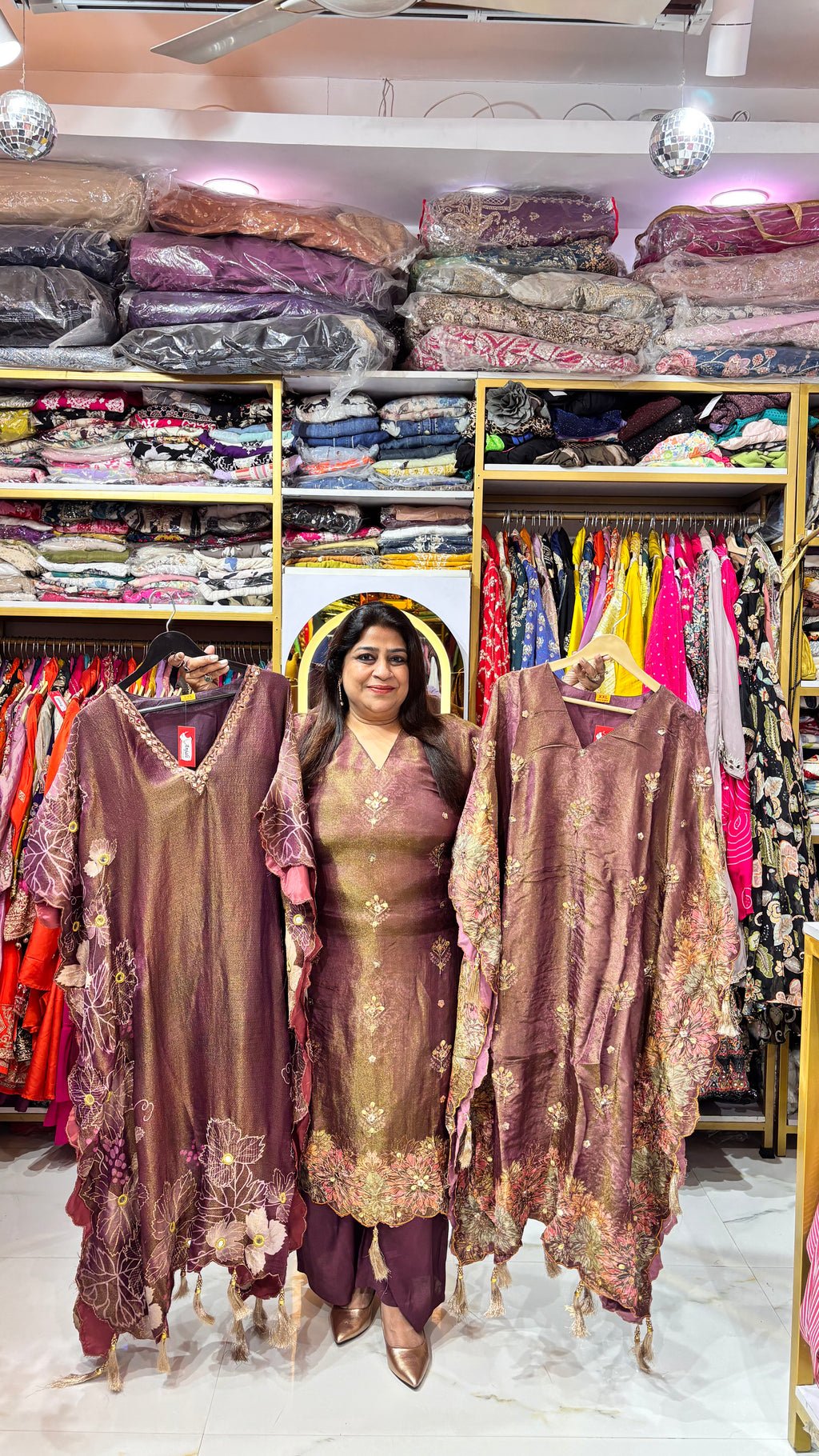 Bronze Shimmer Tissue Cutwork Co-ord Kaftaan with Straight Pants