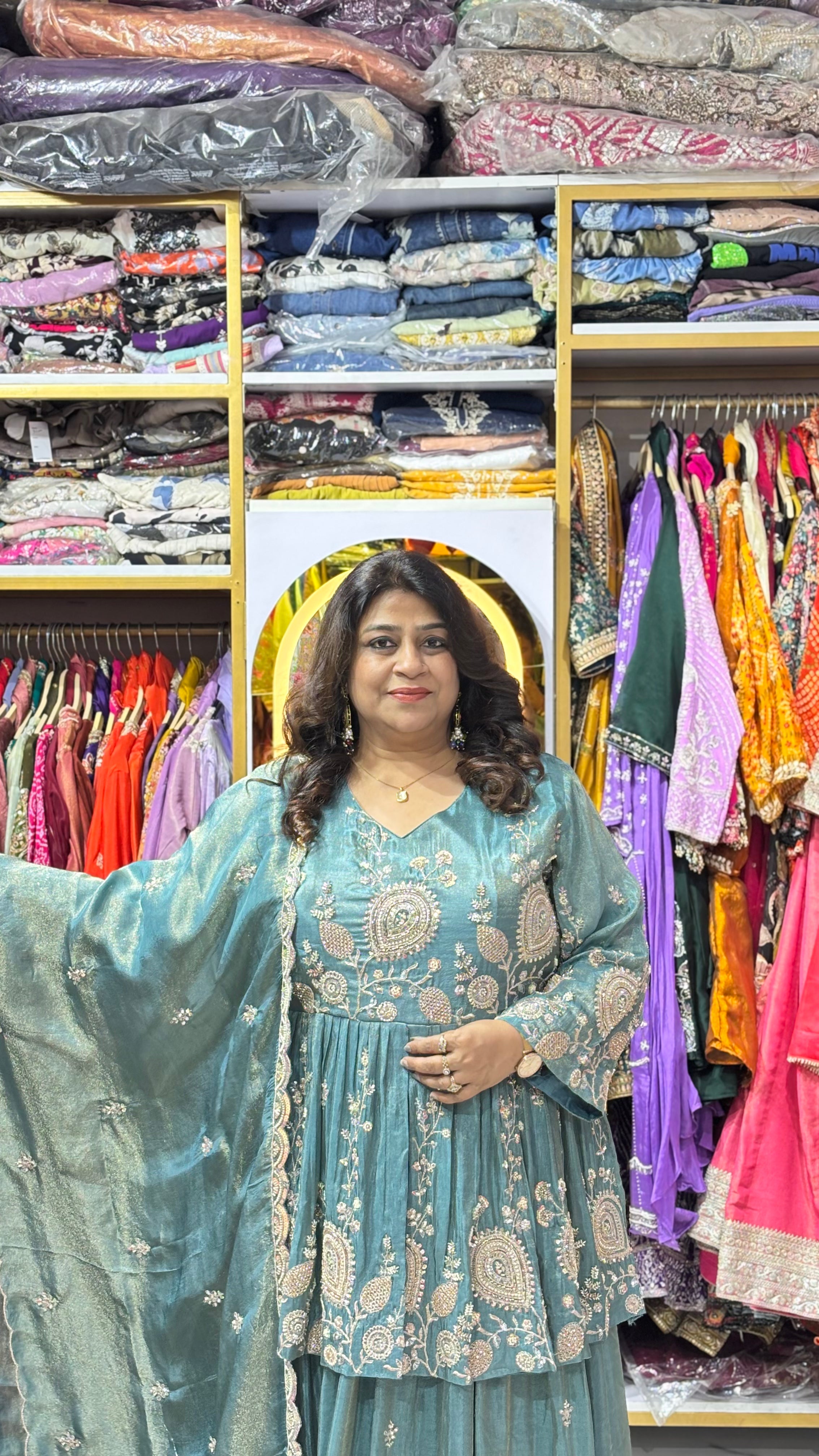 Jewel Work Shimmer Tissue Peplum with Lehenga Skirt & Dupatta