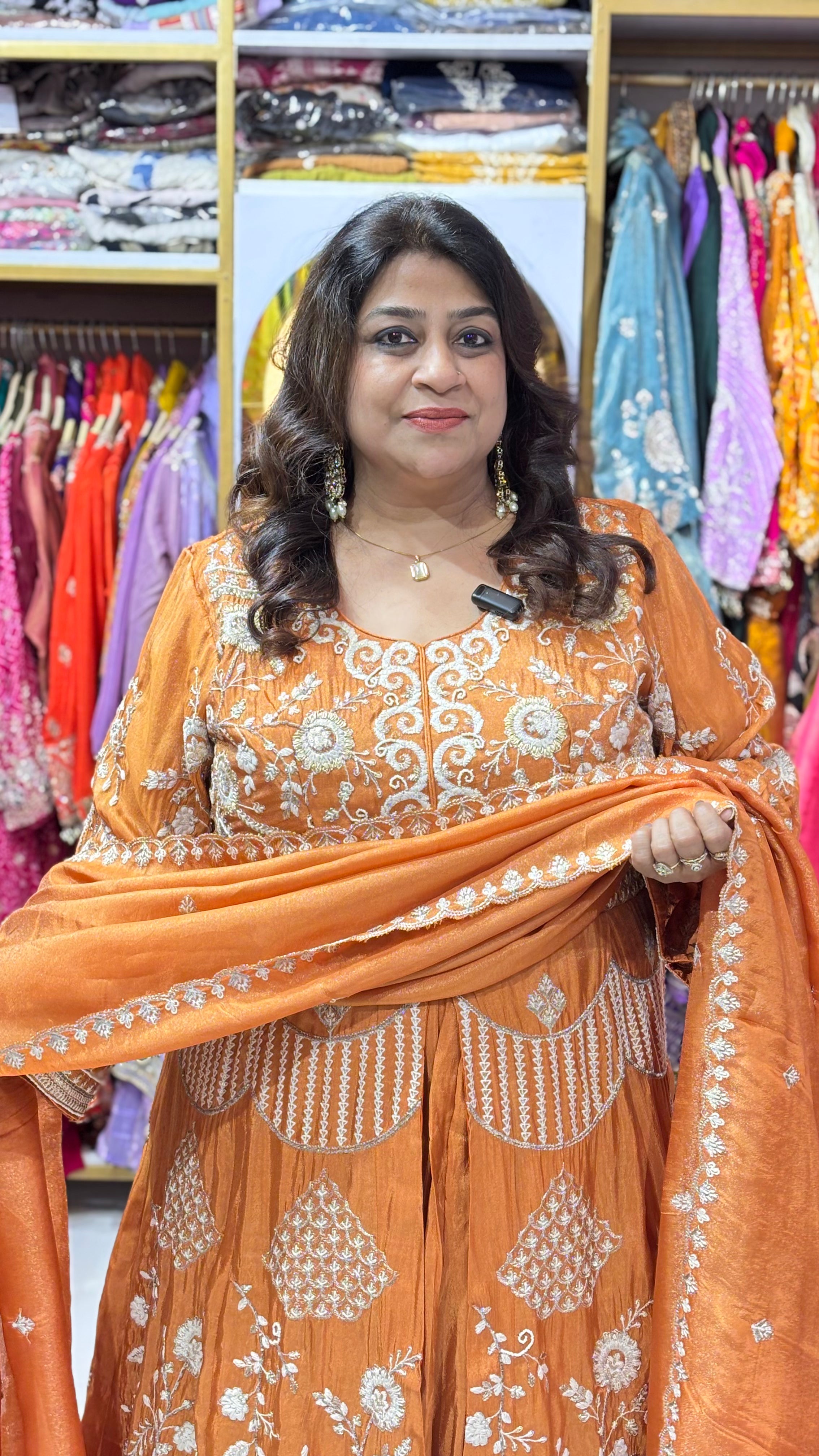 Rust Thread Work Front-Slit Anarkali Set with Skirt & Dupatta
