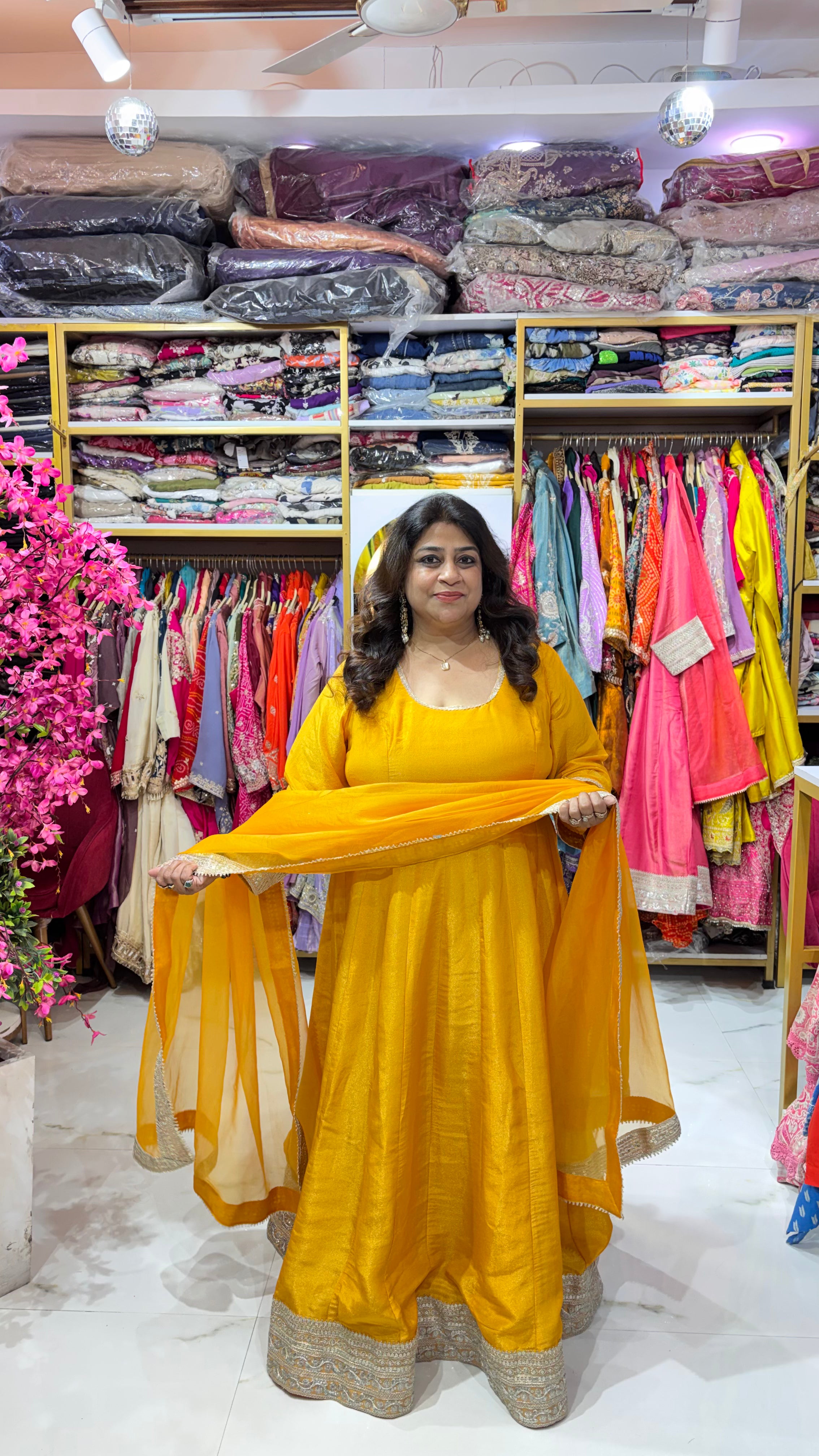 Shimmer Tissue 2 Piece Flared Anarkali with Lace Detail Dupatta