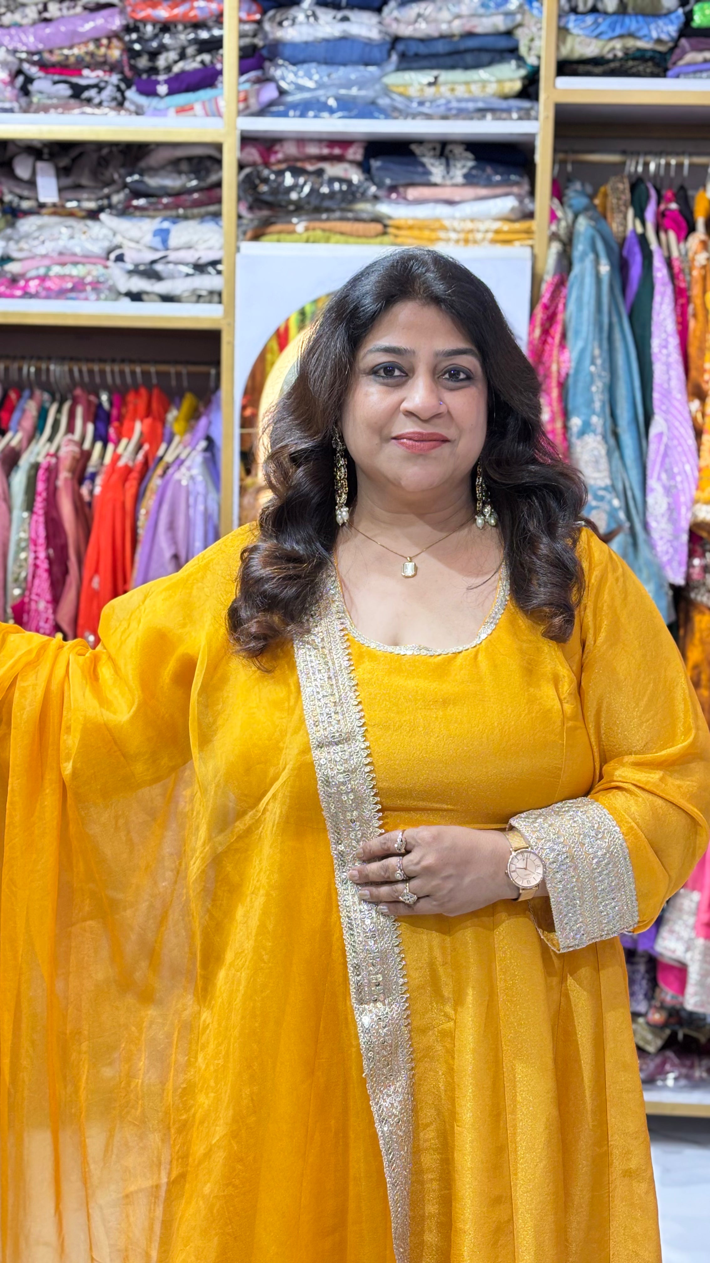 Shimmer Tissue 2 Piece Flared Anarkali with Lace Detail Dupatta