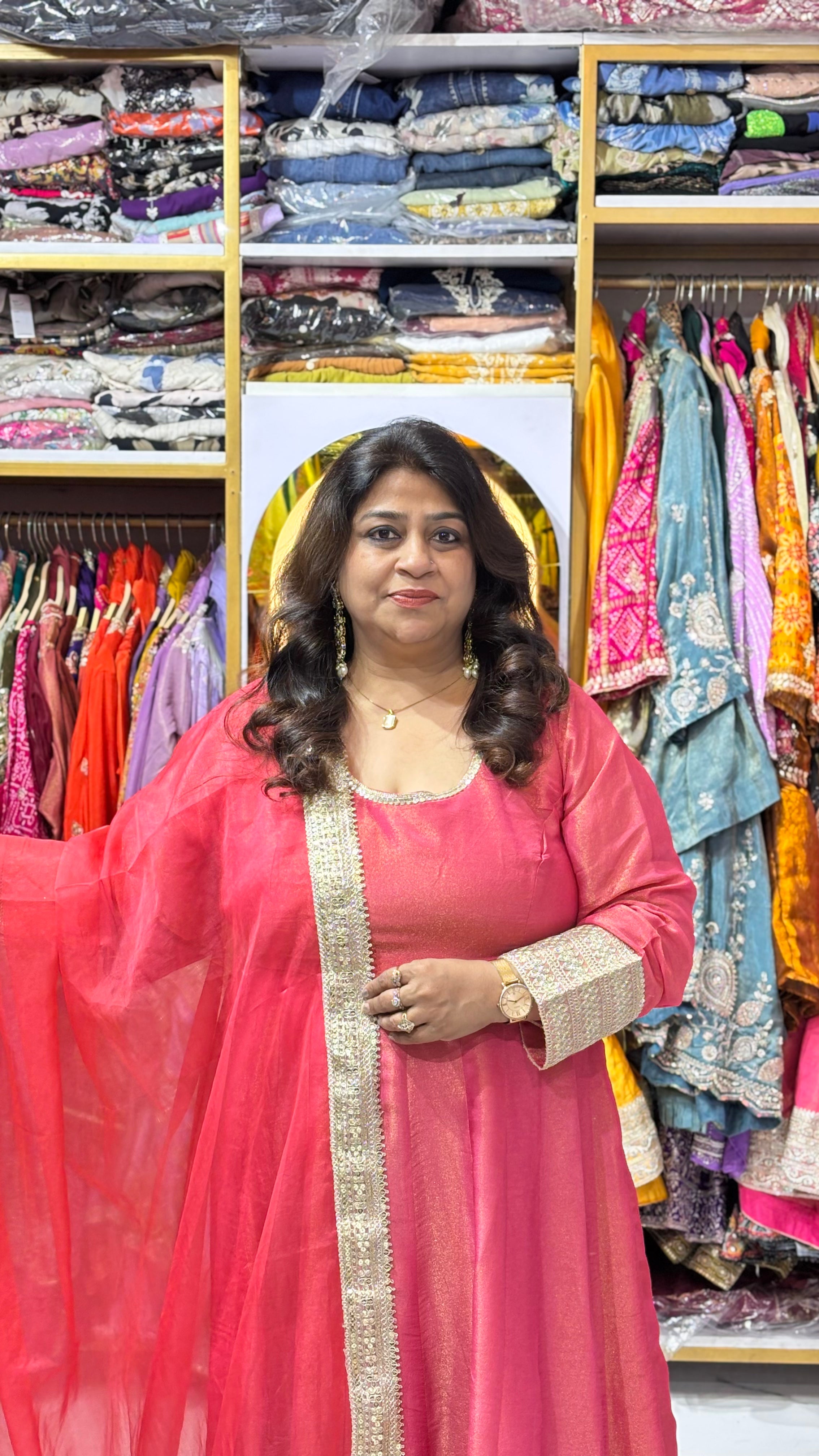 Shimmer Tissue 2 Piece Flared Anarkali with Lace Detail Dupatta