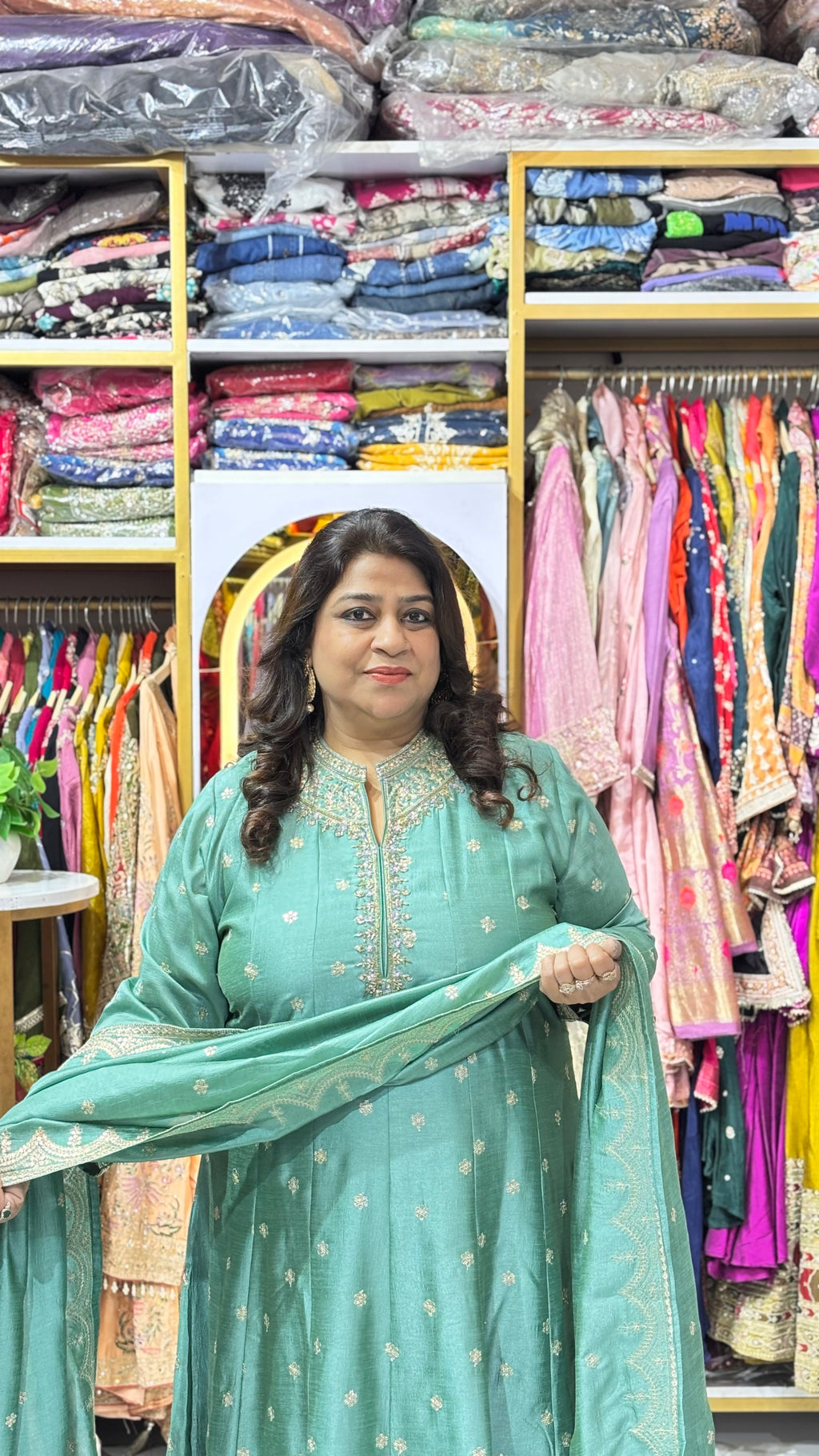 Cotton Silk Anarkali Set with Embroidered Detailing & Dupatta