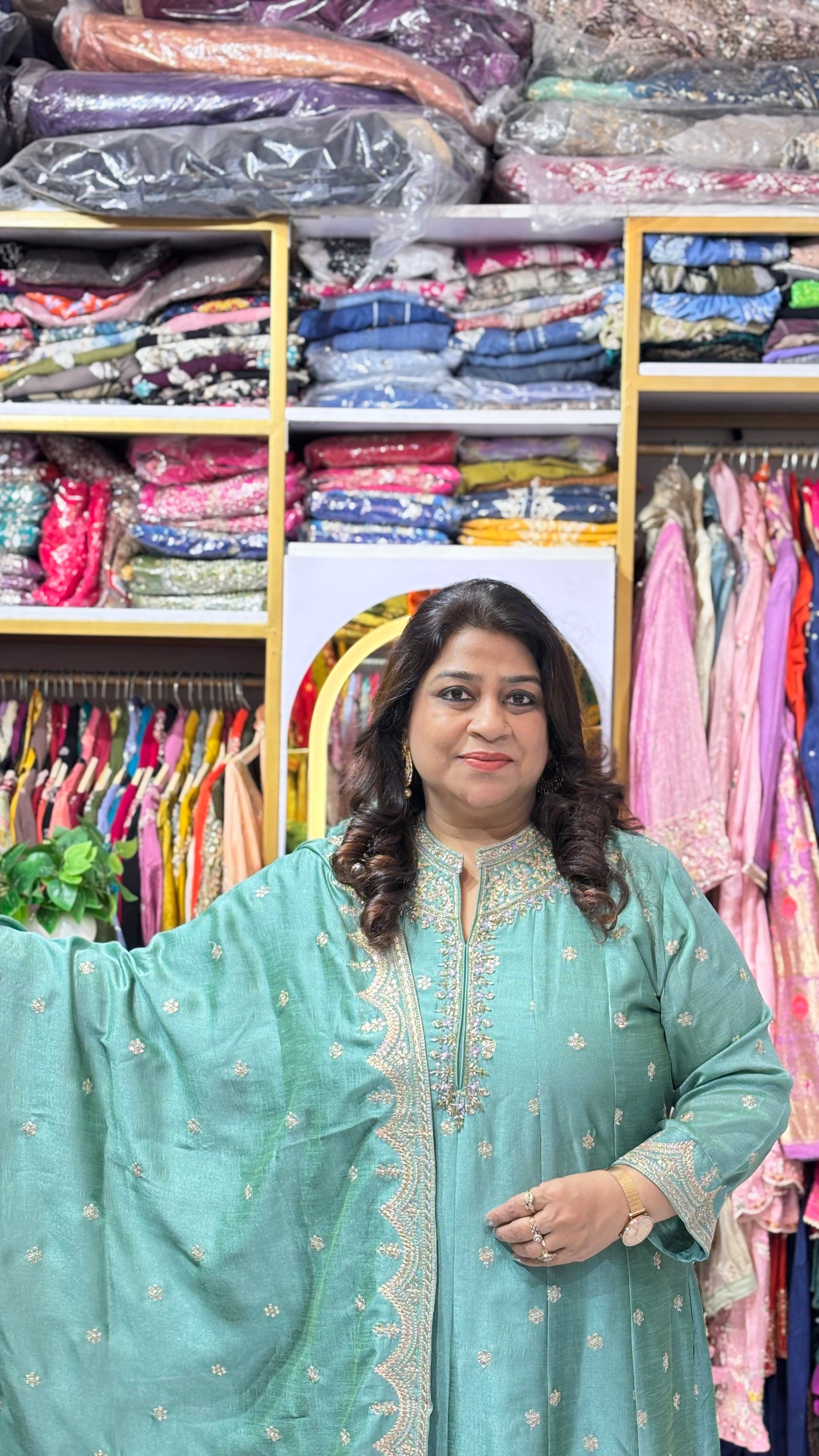 Cotton Silk Anarkali Set with Embroidered Detailing & Dupatta