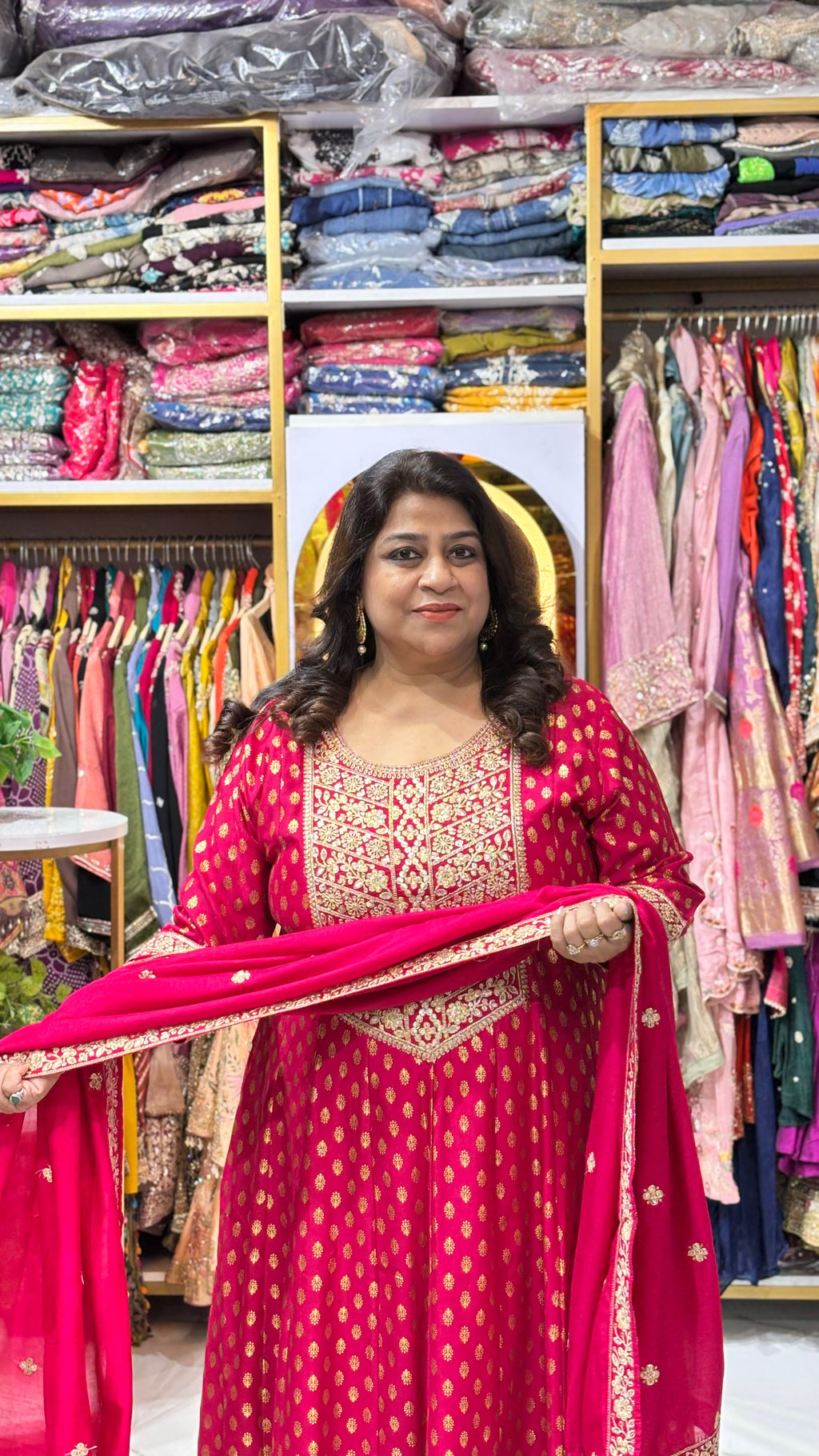 Muslin Cotton Anarkali Set with Gold Detailing & Dupatta