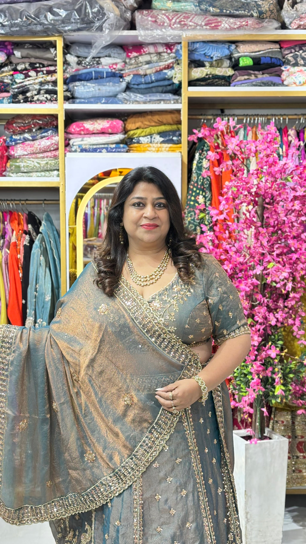 Shimmer Tissue 3-Piece Lehenga Set with Zardozi & Cutdana Work