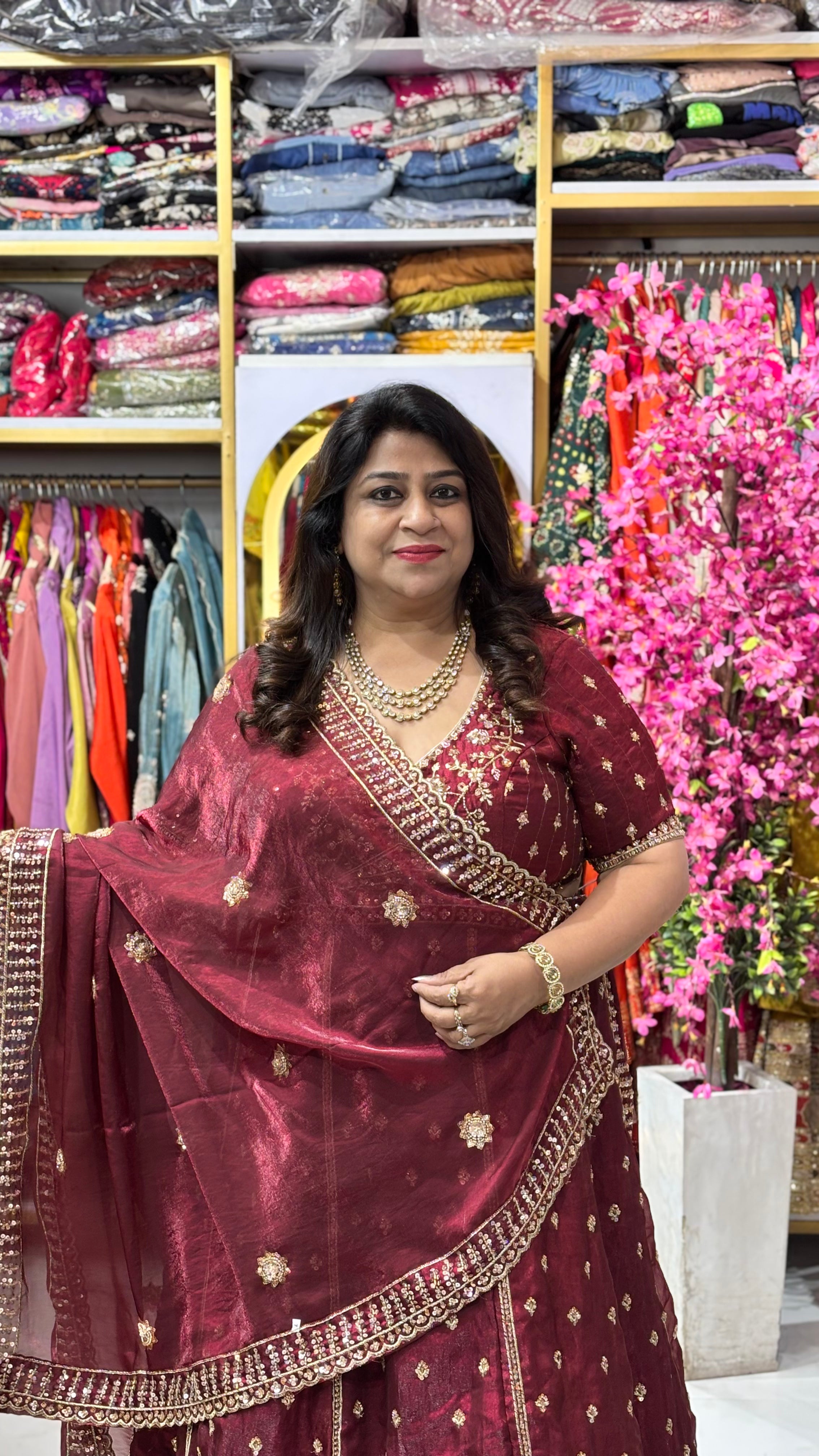 Shimmer Tissue Maroon Lehenga Set with Zardozi, Cutdana & Ornate Border Work