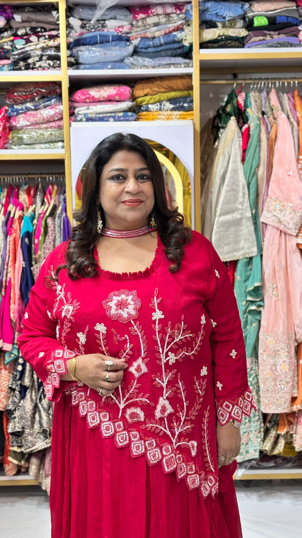 Asymmetrical Kurta Skirt Set with Dupatta & Sequin Work