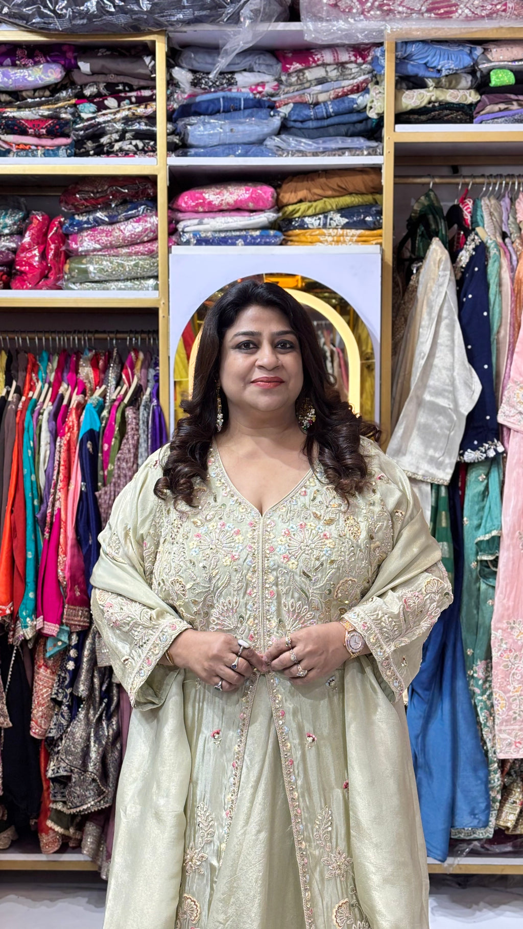 Shimmer Tissue Front-Slit Anarkali Set with Skirt &amp; Dupatta